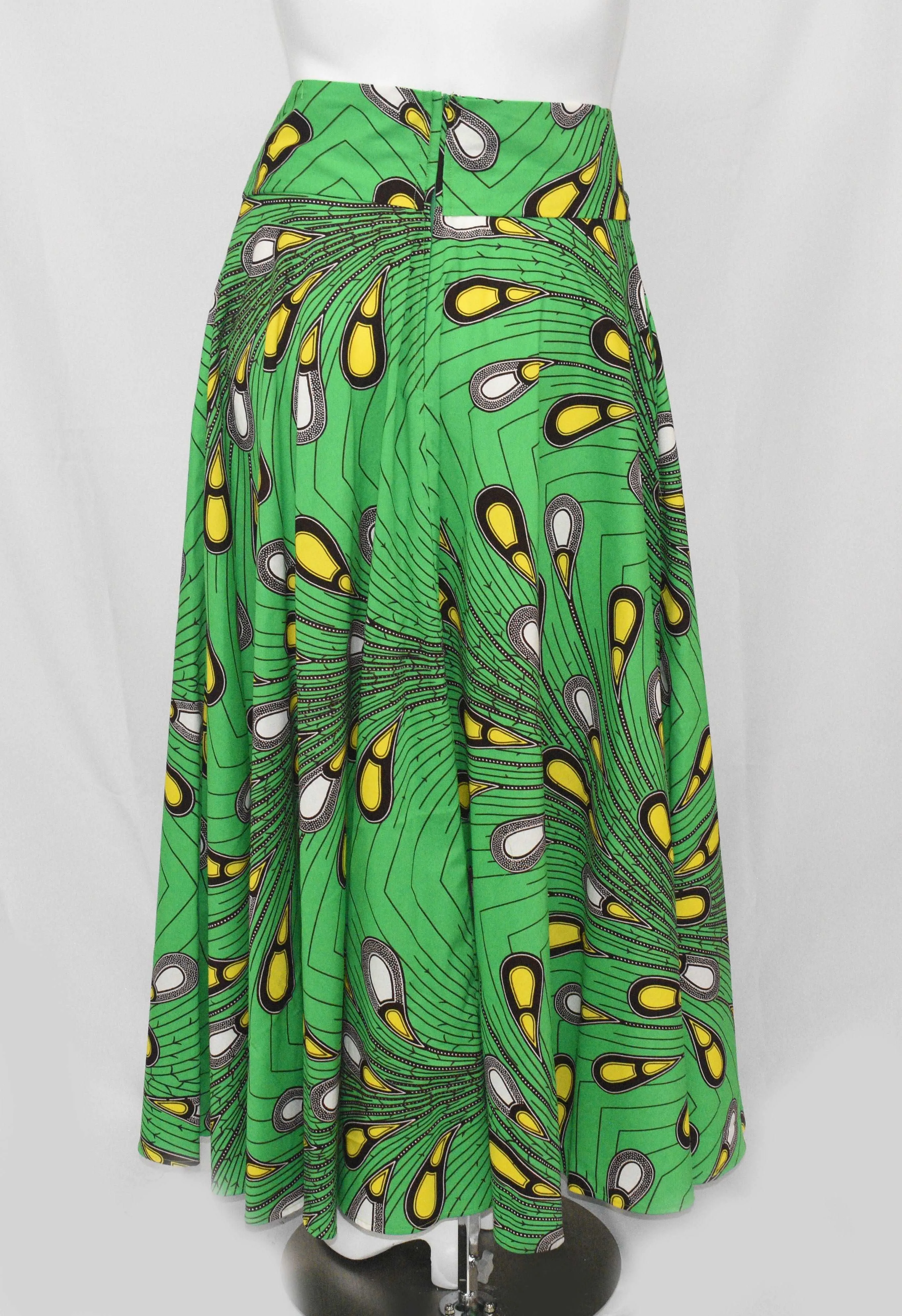 Green Tear Drop Floor Length Maxi Skirt On Dutch Hollandaise Prints