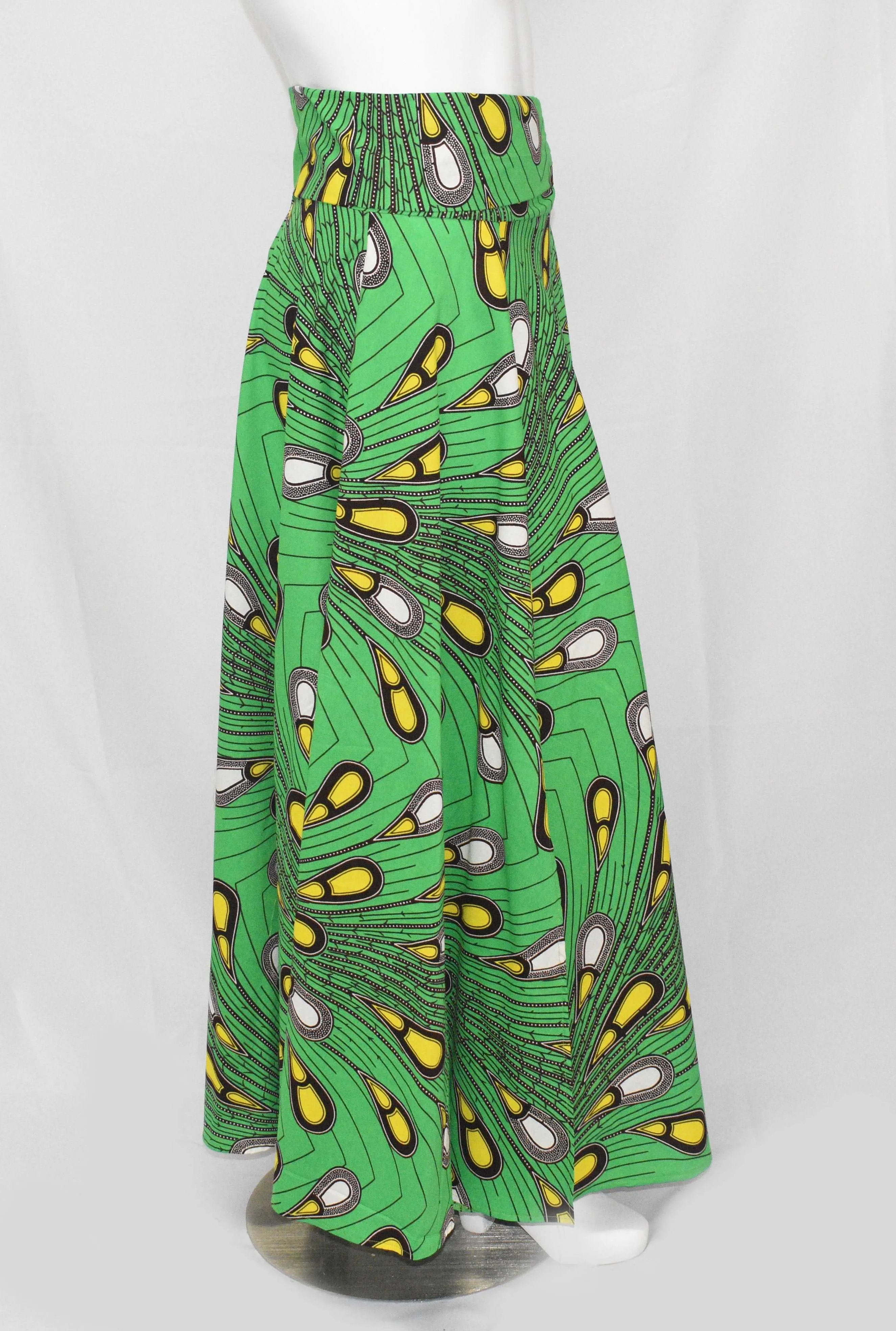 Green Tear Drop Floor Length Maxi Skirt On Dutch Hollandaise Prints