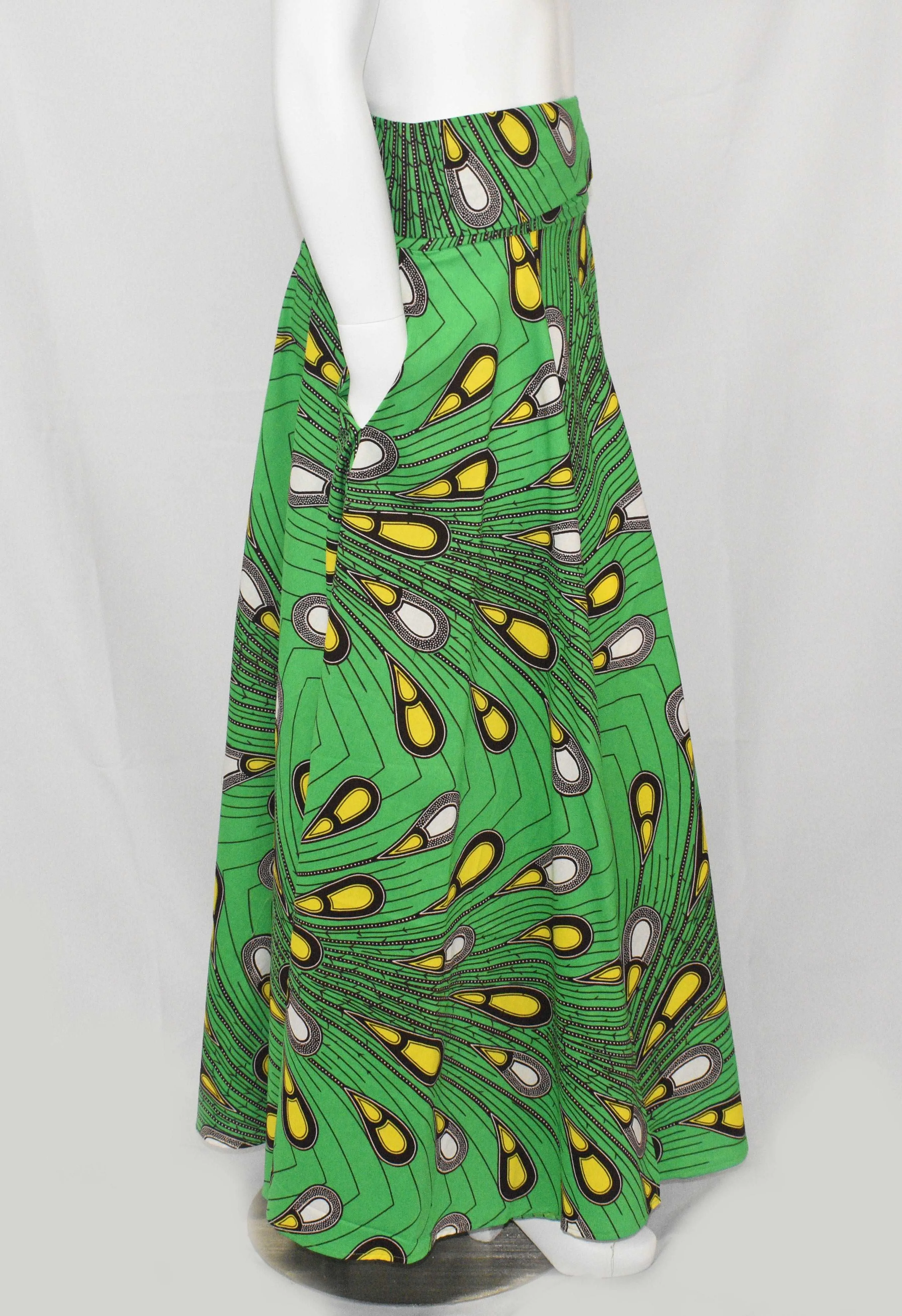Green Tear Drop Floor Length Maxi Skirt On Dutch Hollandaise Prints