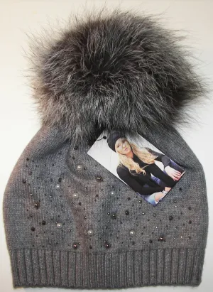 Grey Pearl Studded Fur Pom Pom Hat