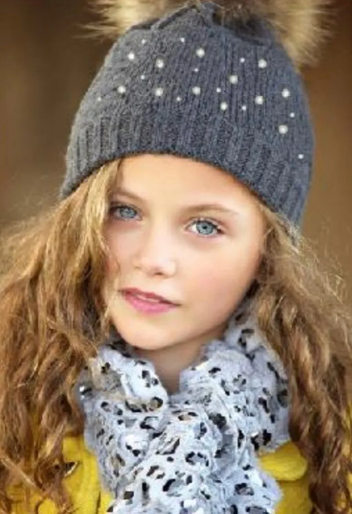 Grey Pearl Studded Fur Pom Pom Hat