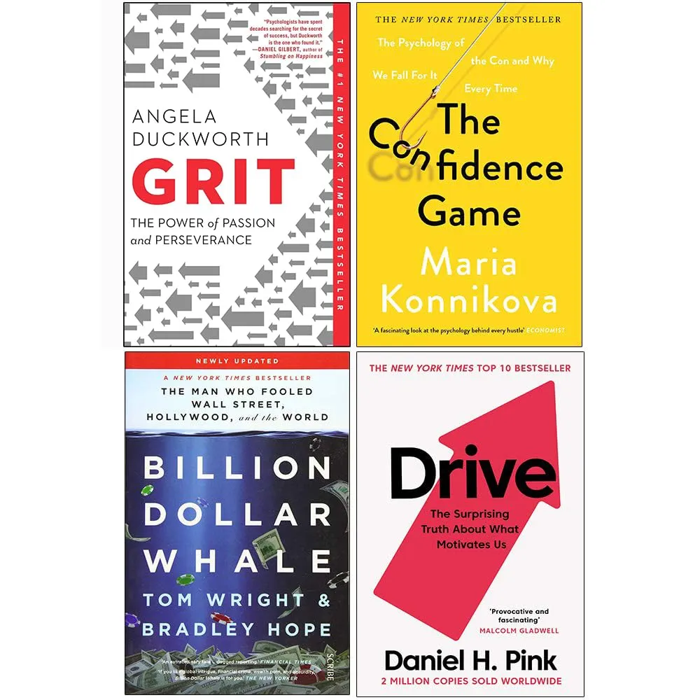Grit: The Power of Passion and Perseverance, The Confidence Game, Billion Dollar Whale, Drive Daniel H Pink 4 Books Collection Set