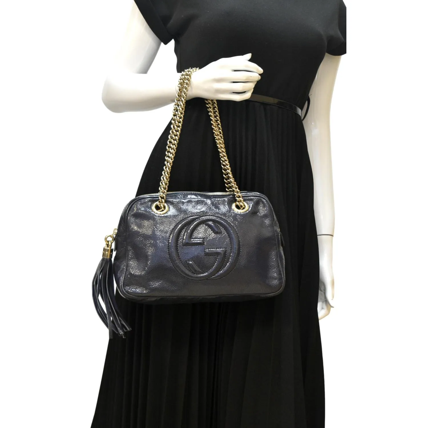 GUCCI Soho Leather Chain Shoulder Bag Navy Blue 308983