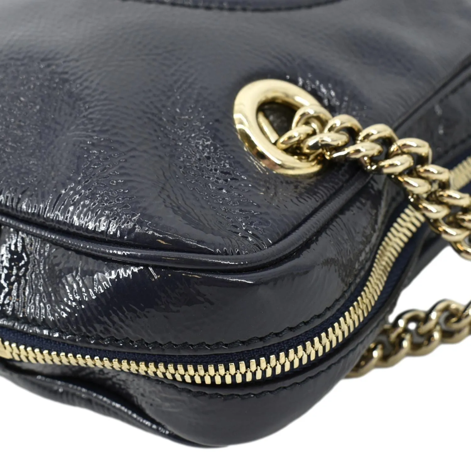 GUCCI Soho Leather Chain Shoulder Bag Navy Blue 308983