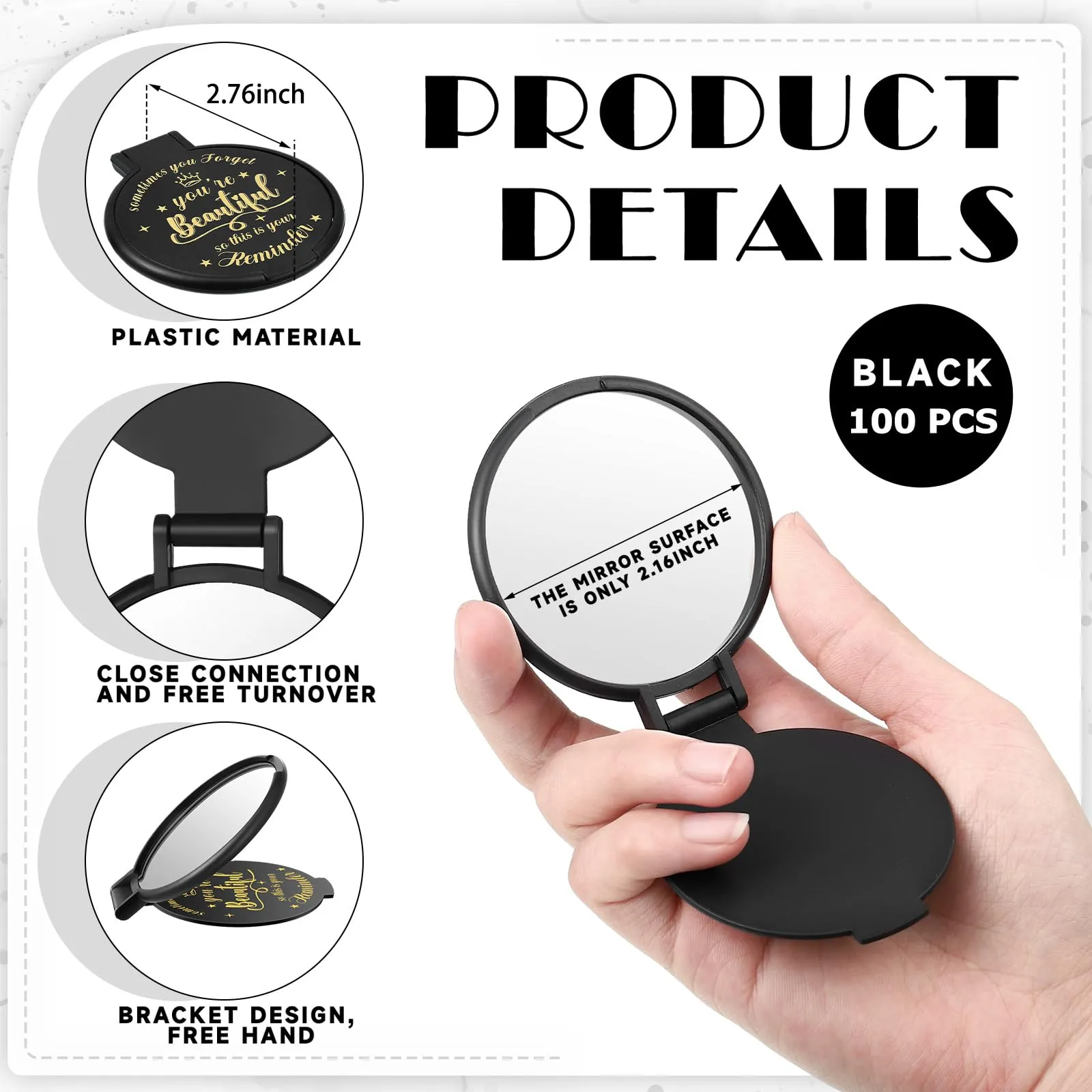 Gulfmew 100 Pcs 2.76 Inch Inspirational Compact Mirror Bulk Round Makeup Glass Mirror Personal Purse Pocket Mini Gifts for Women Galentines Coworker Teacher Graduation Friends (Black)