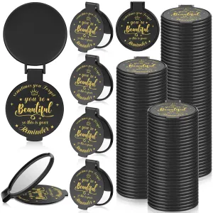 Gulfmew 100 Pcs 2.76 Inch Inspirational Compact Mirror Bulk Round Makeup Glass Mirror Personal Purse Pocket Mini Gifts for Women Galentines Coworker Teacher Graduation Friends (Black)