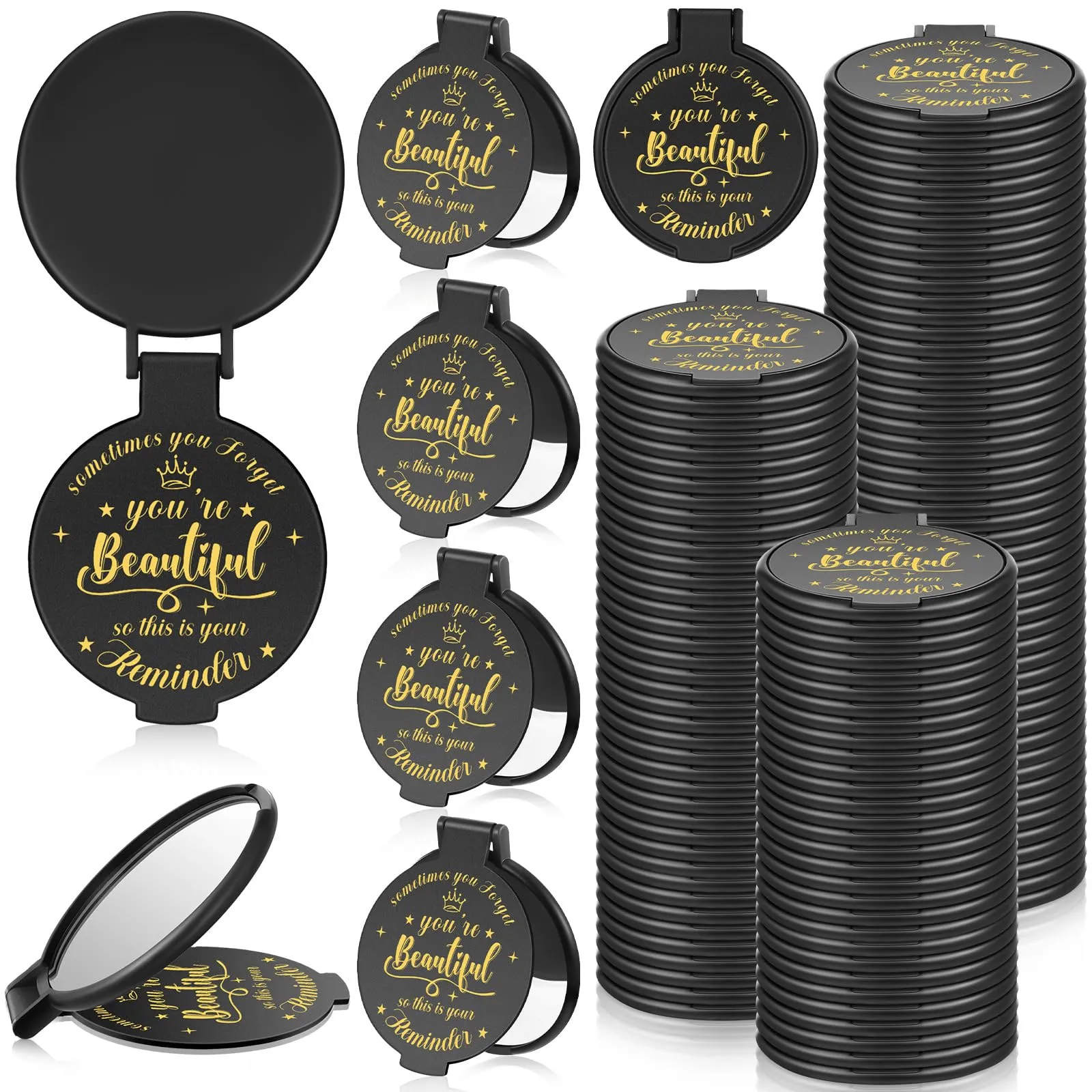 Gulfmew 100 Pcs 2.76 Inch Inspirational Compact Mirror Bulk Round Makeup Glass Mirror Personal Purse Pocket Mini Gifts for Women Galentines Coworker Teacher Graduation Friends (Black)