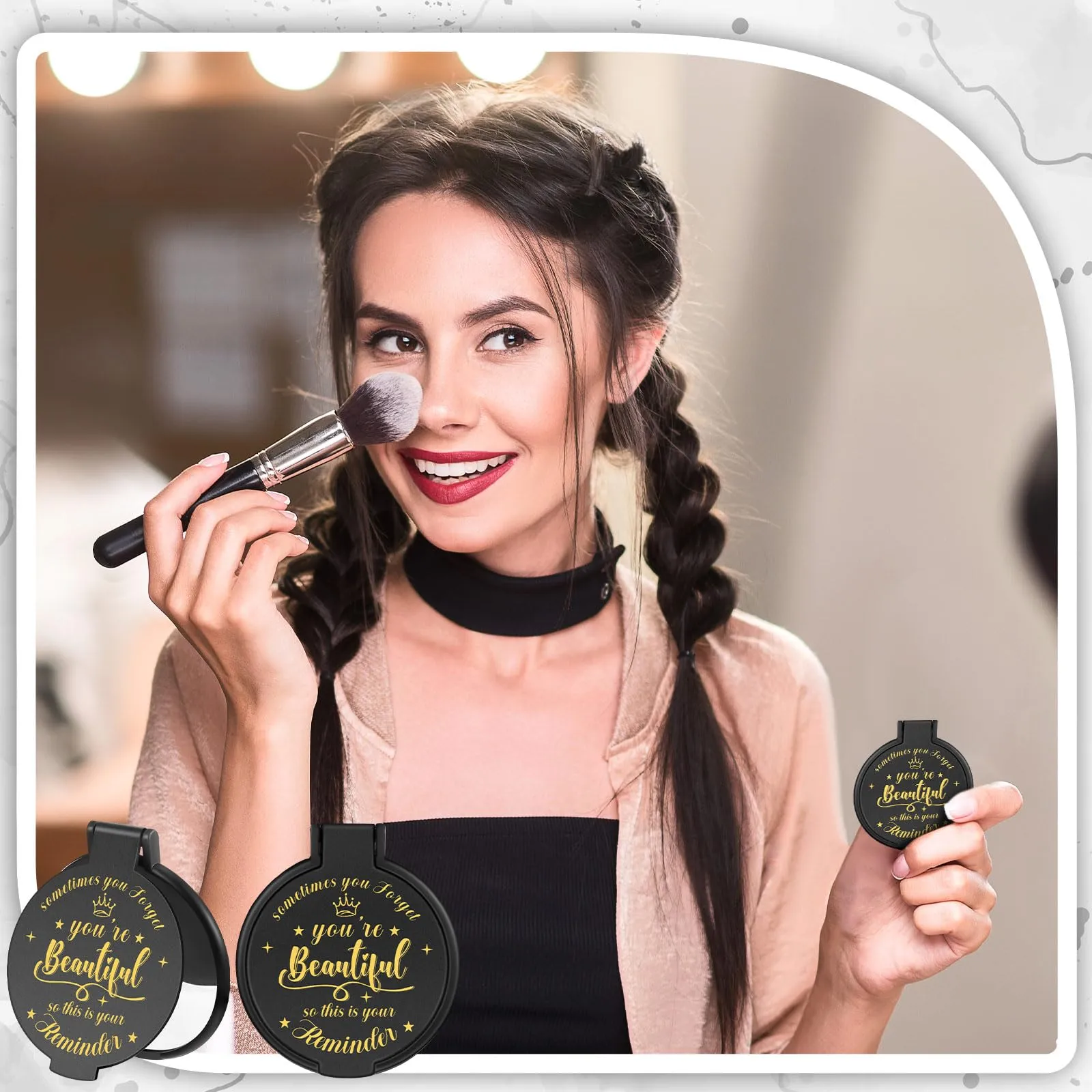 Gulfmew 100 Pcs 2.76 Inch Inspirational Compact Mirror Bulk Round Makeup Glass Mirror Personal Purse Pocket Mini Gifts for Women Galentines Coworker Teacher Graduation Friends (Black)
