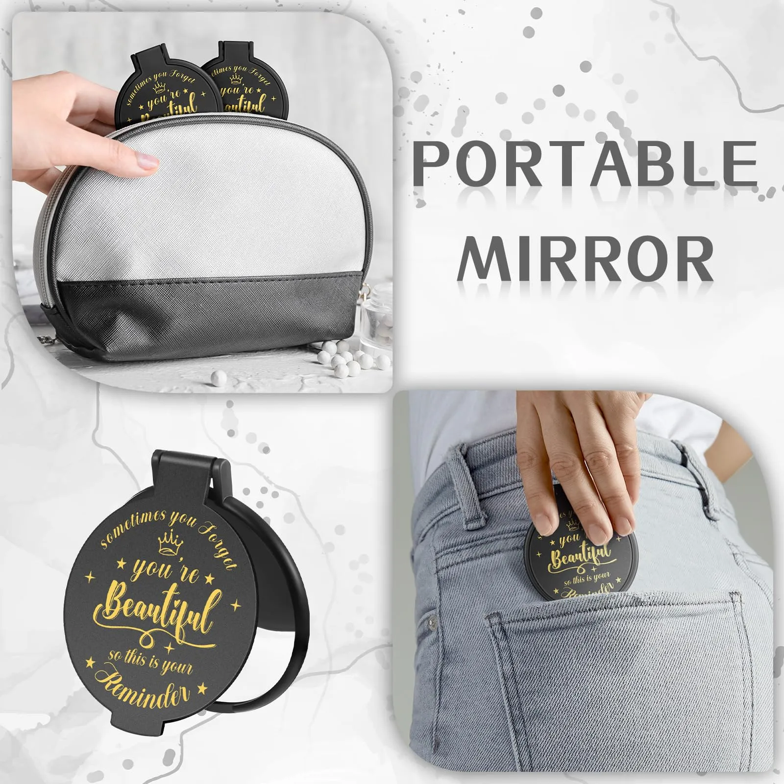 Gulfmew 100 Pcs 2.76 Inch Inspirational Compact Mirror Bulk Round Makeup Glass Mirror Personal Purse Pocket Mini Gifts for Women Galentines Coworker Teacher Graduation Friends (Black)
