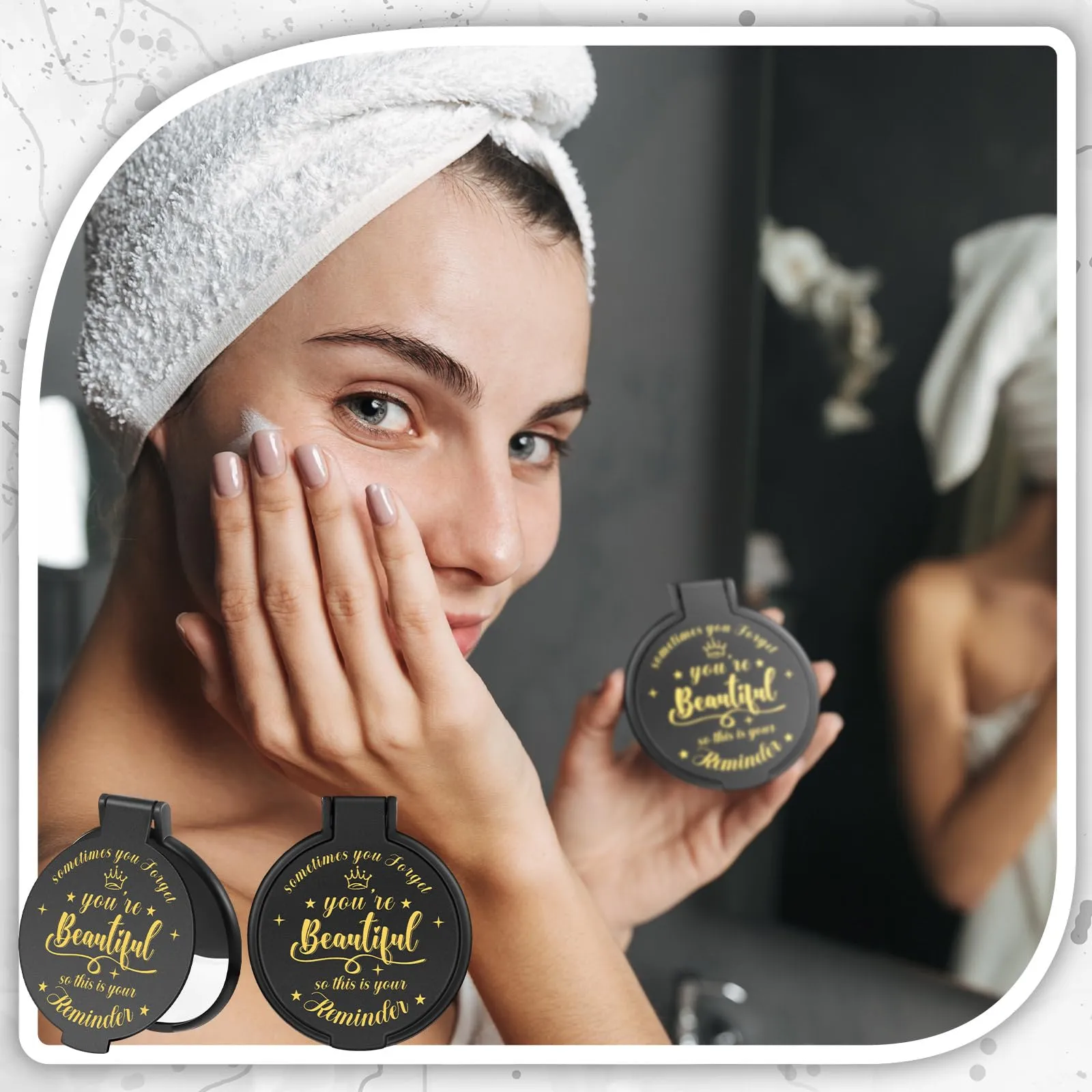 Gulfmew 100 Pcs 2.76 Inch Inspirational Compact Mirror Bulk Round Makeup Glass Mirror Personal Purse Pocket Mini Gifts for Women Galentines Coworker Teacher Graduation Friends (Black)