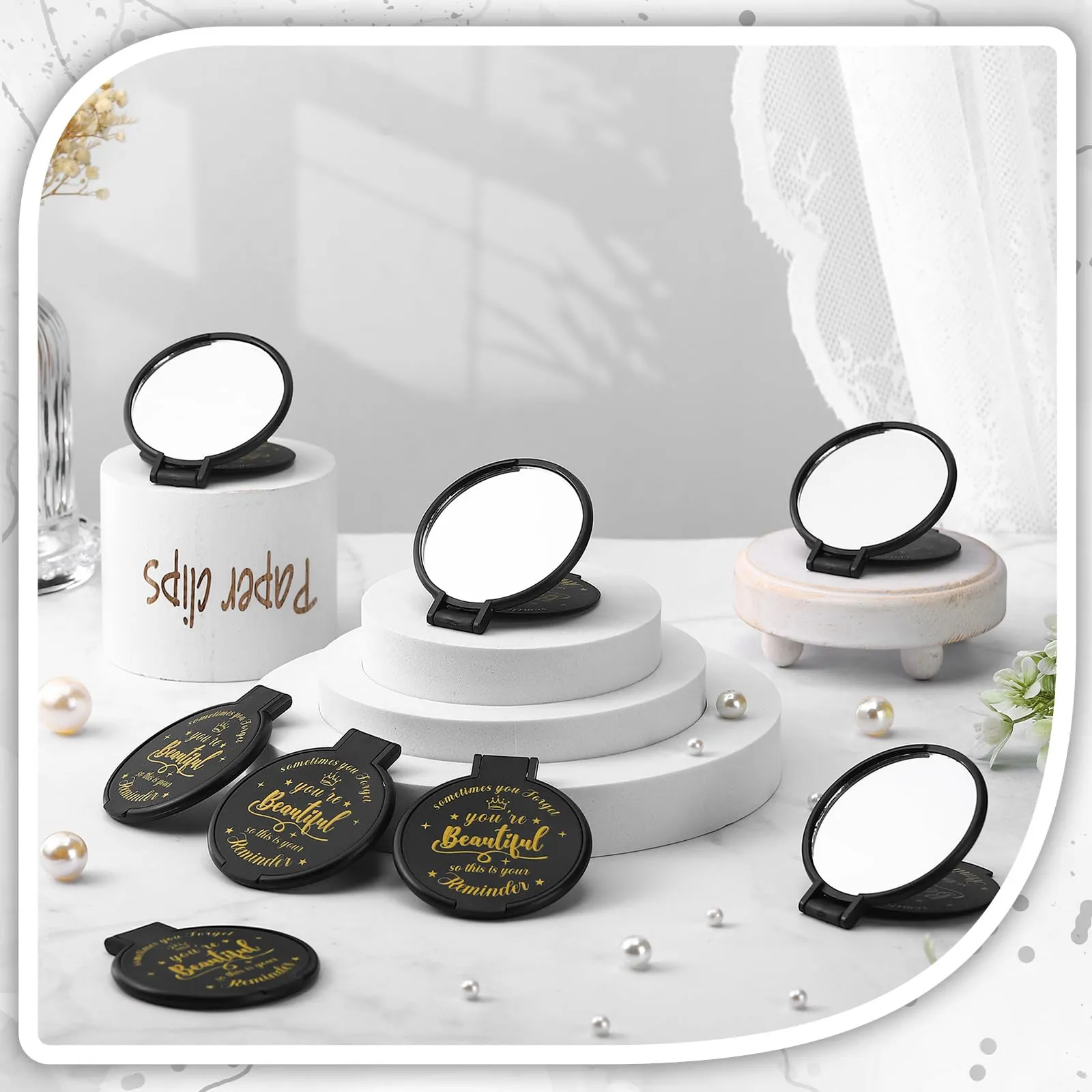 Gulfmew 100 Pcs 2.76 Inch Inspirational Compact Mirror Bulk Round Makeup Glass Mirror Personal Purse Pocket Mini Gifts for Women Galentines Coworker Teacher Graduation Friends (Black)