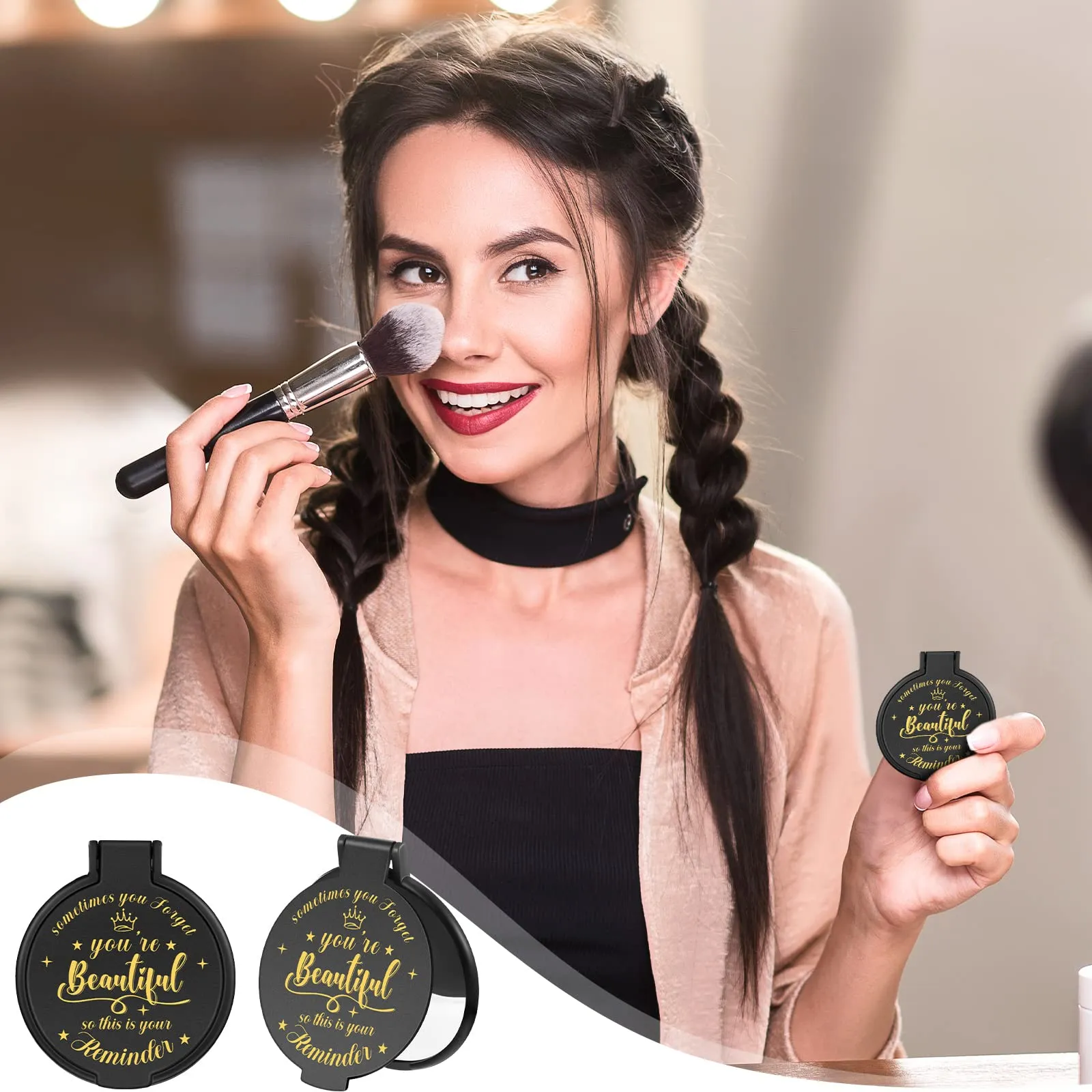 Gulfmew 18 Pcs 2.76 Inch Inspirational Compact Mirror Bulk Round Makeup Glass Mirror Personal Purse Pocket Mini Gifts for Women Galentines Coworker Teacher Graduation Friends (Black)