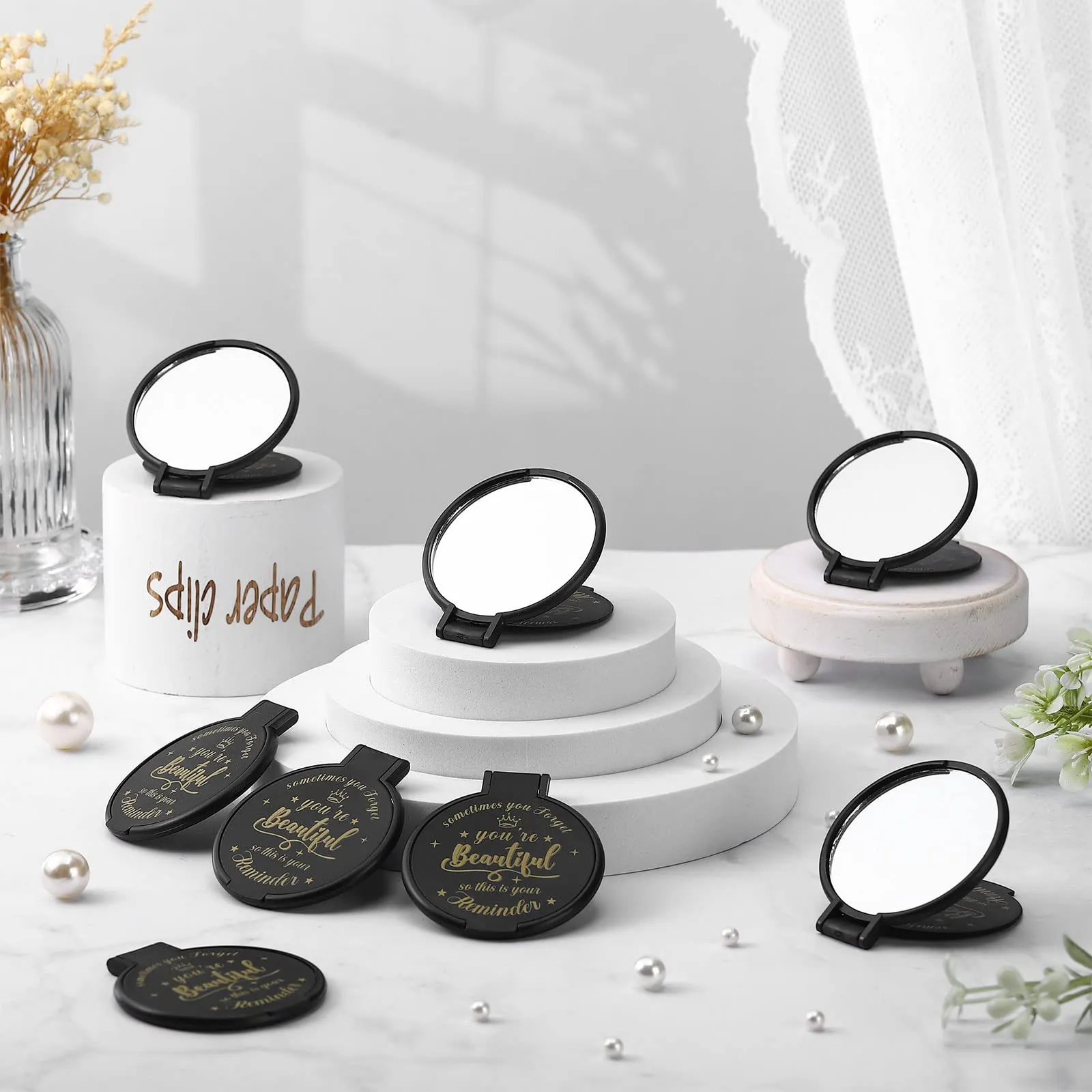 Gulfmew 18 Pcs 2.76 Inch Inspirational Compact Mirror Bulk Round Makeup Glass Mirror Personal Purse Pocket Mini Gifts for Women Galentines Coworker Teacher Graduation Friends (Black)