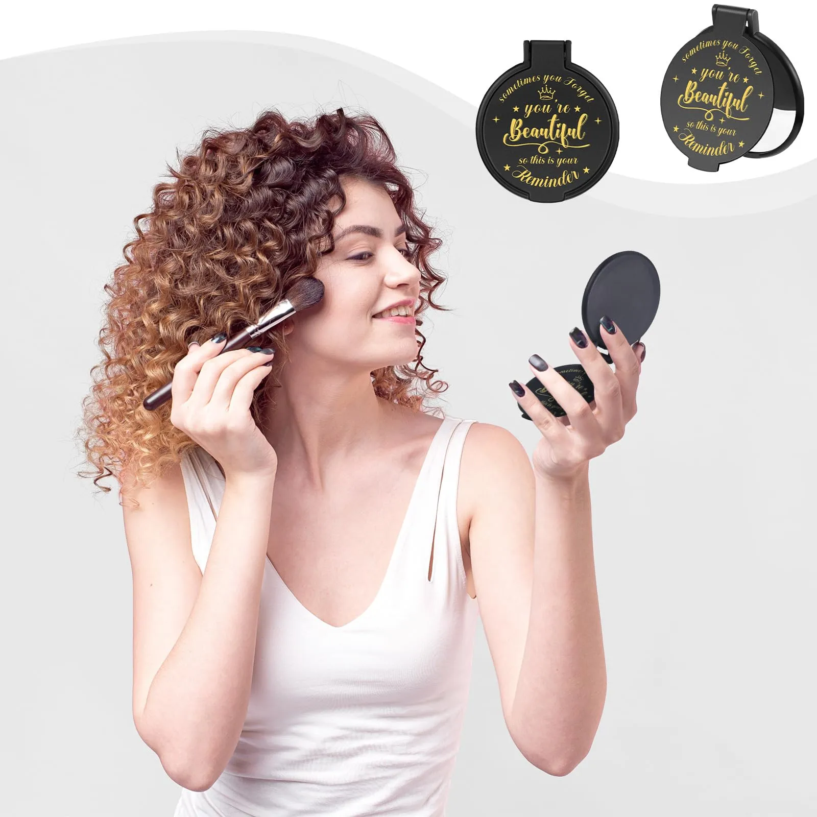 Gulfmew 18 Pcs 2.76 Inch Inspirational Compact Mirror Bulk Round Makeup Glass Mirror Personal Purse Pocket Mini Gifts for Women Galentines Coworker Teacher Graduation Friends (Black)