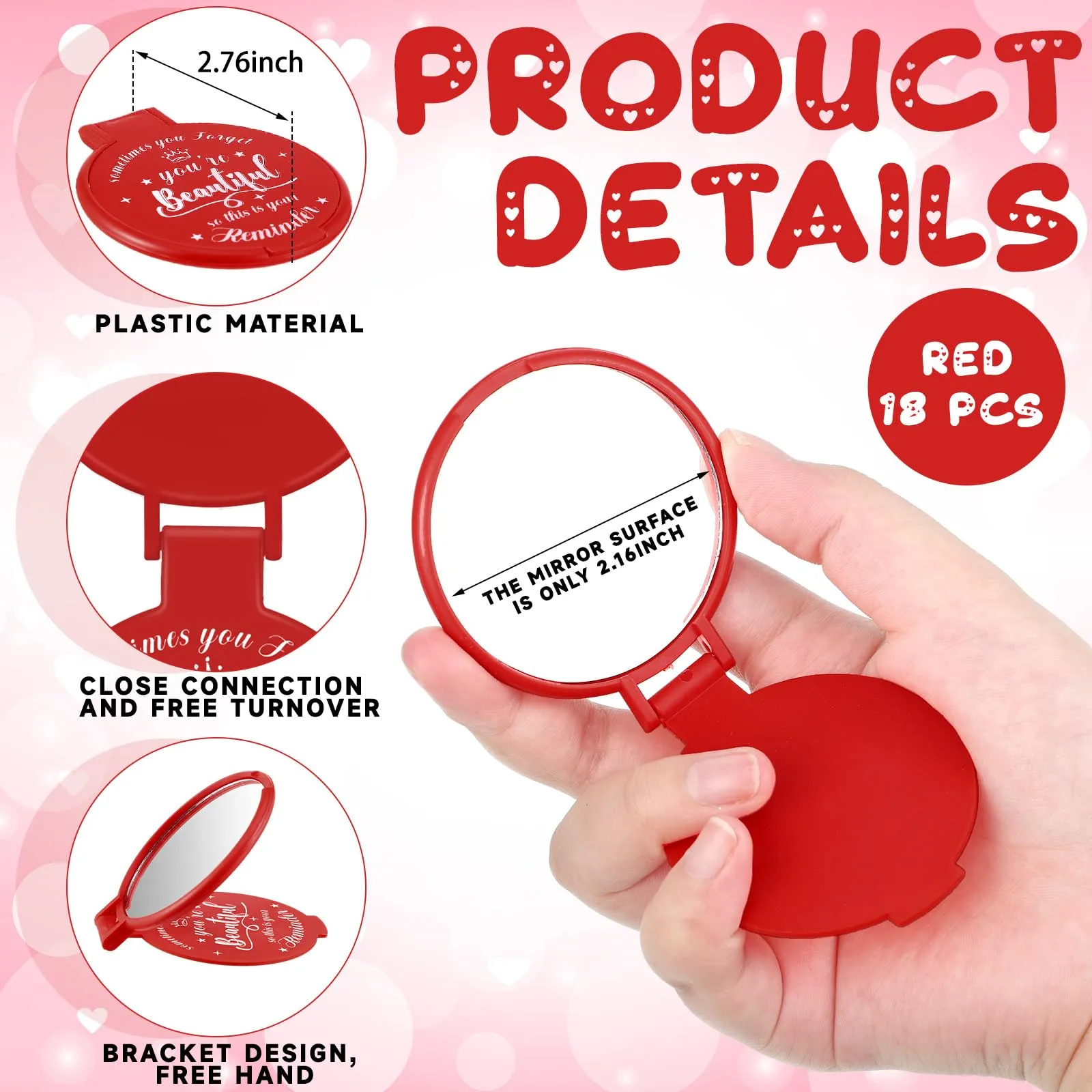 Gulfmew 18 Pcs 2.76 Inch Inspirational Compact Mirror Bulk Round Makeup Glass Mirror Personal Purse Pocket Mini Gifts for Women Galentines Coworker Teacher Graduation Friends (Red)