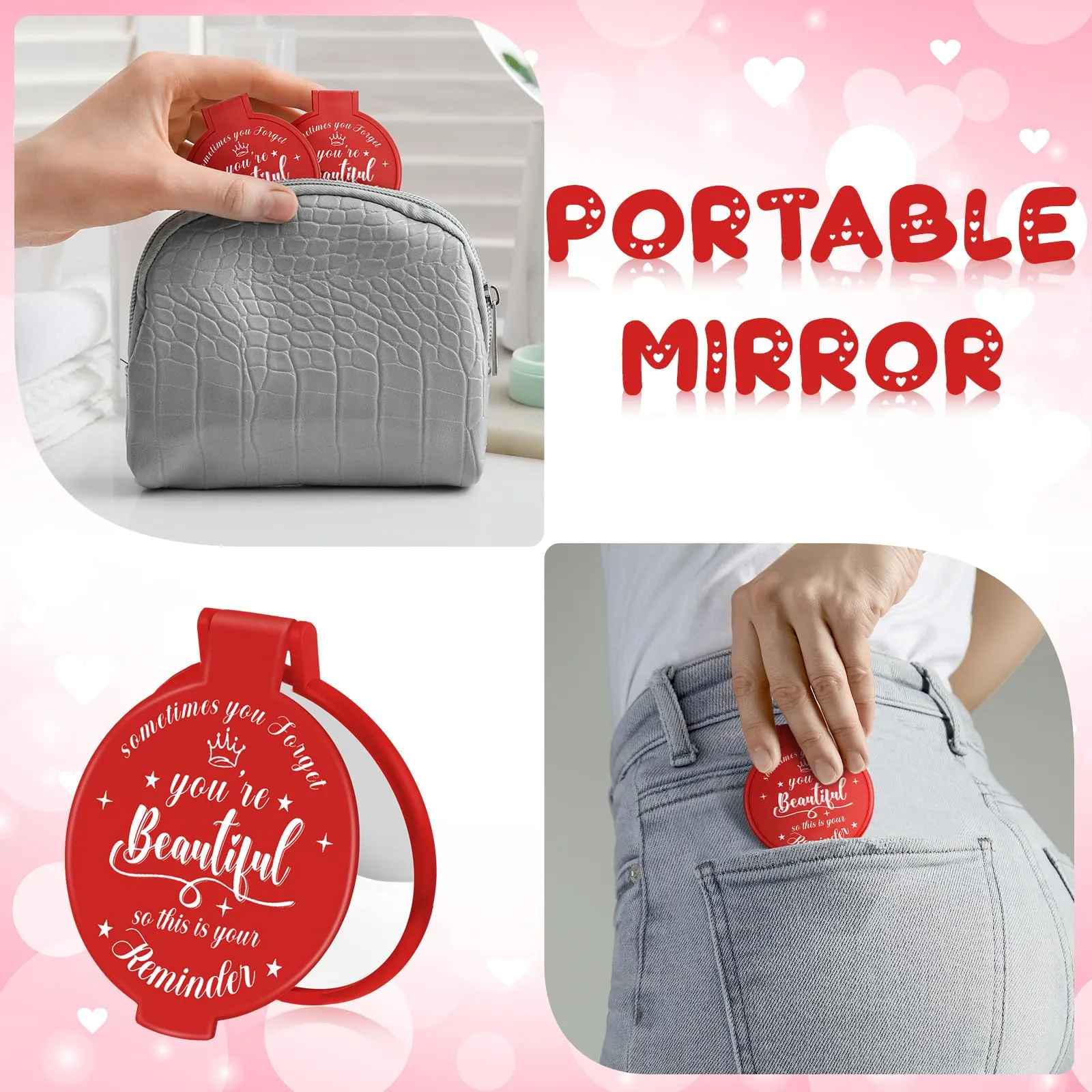 Gulfmew 18 Pcs 2.76 Inch Inspirational Compact Mirror Bulk Round Makeup Glass Mirror Personal Purse Pocket Mini Gifts for Women Galentines Coworker Teacher Graduation Friends (Red)
