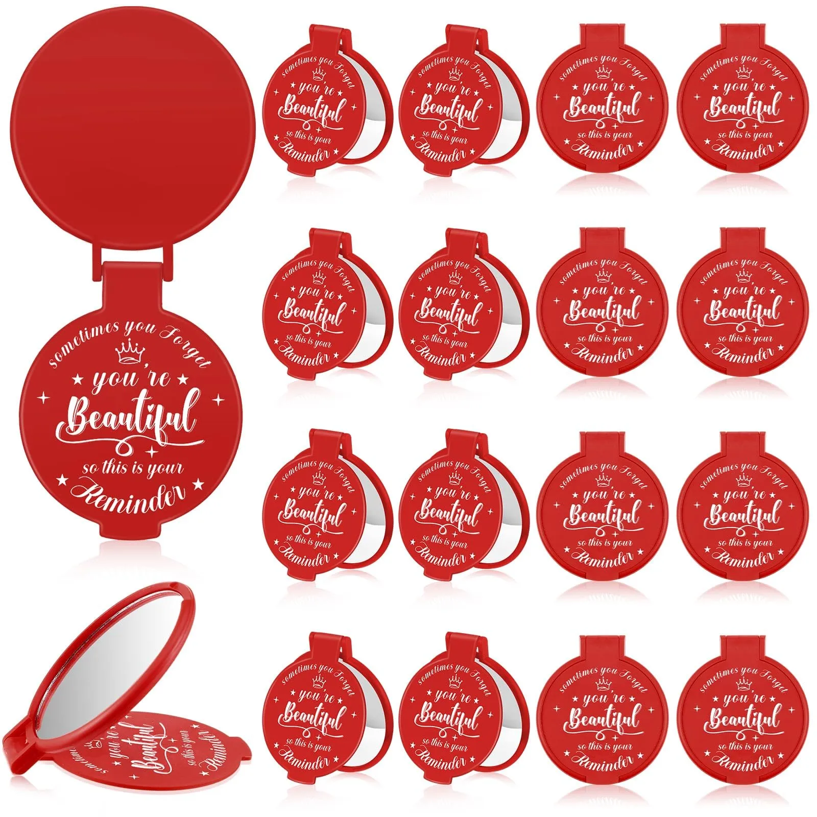 Gulfmew 18 Pcs 2.76 Inch Inspirational Compact Mirror Bulk Round Makeup Glass Mirror Personal Purse Pocket Mini Gifts for Women Galentines Coworker Teacher Graduation Friends (Red)