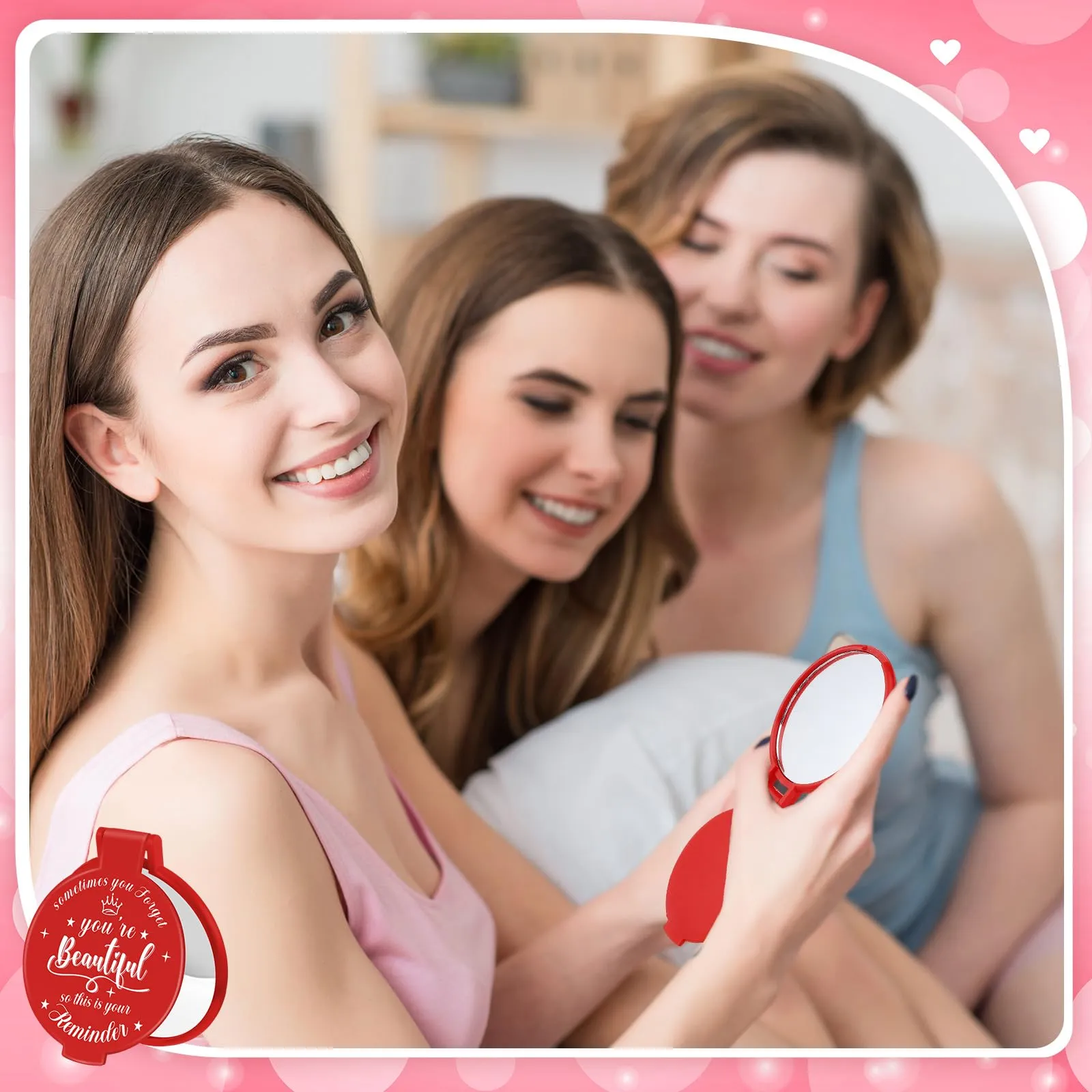 Gulfmew 18 Pcs 2.76 Inch Inspirational Compact Mirror Bulk Round Makeup Glass Mirror Personal Purse Pocket Mini Gifts for Women Galentines Coworker Teacher Graduation Friends (Red)