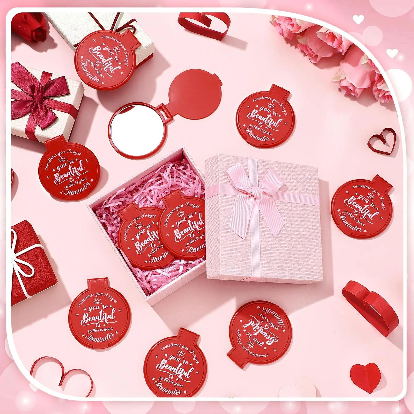 Gulfmew 18 Pcs 2.76 Inch Inspirational Compact Mirror Bulk Round Makeup Glass Mirror Personal Purse Pocket Mini Gifts for Women Galentines Coworker Teacher Graduation Friends (Red)
