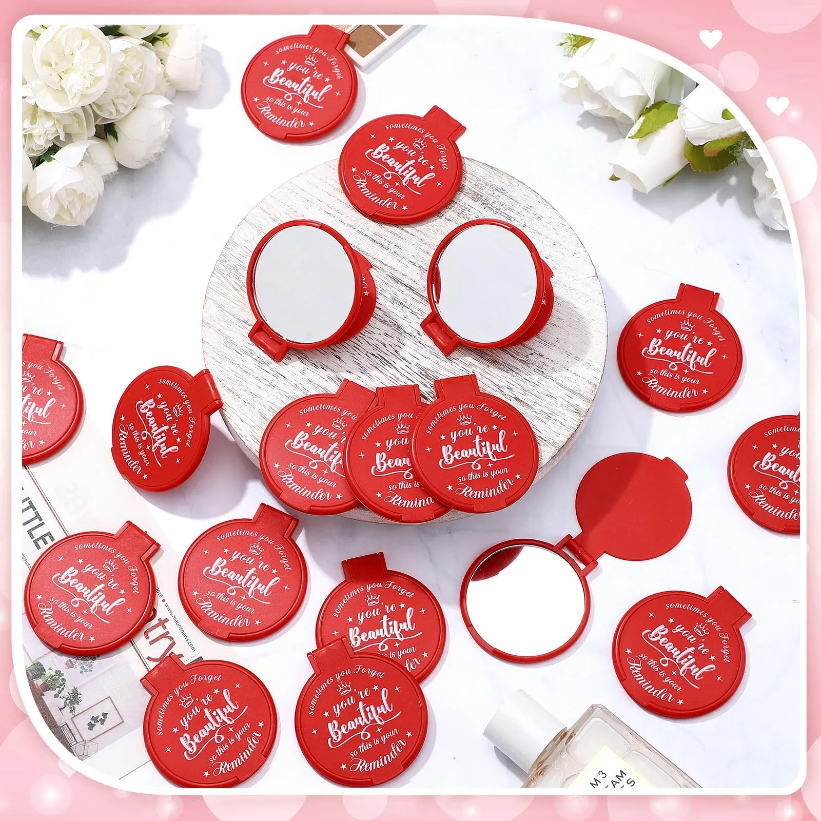Gulfmew 18 Pcs 2.76 Inch Inspirational Compact Mirror Bulk Round Makeup Glass Mirror Personal Purse Pocket Mini Gifts for Women Galentines Coworker Teacher Graduation Friends (Red)