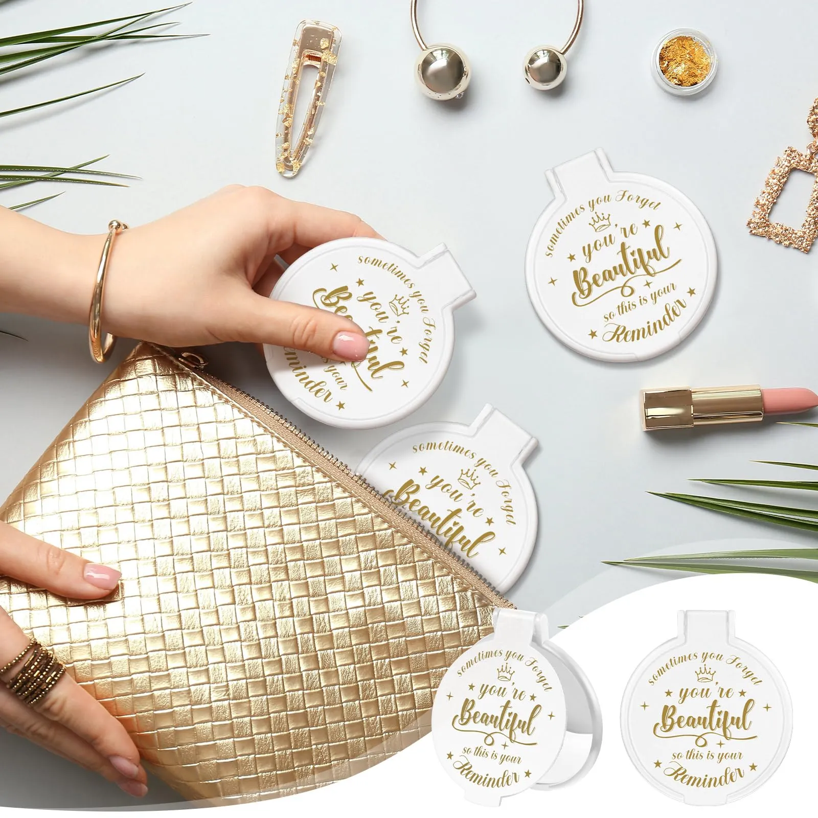 Gulfmew 18 Pcs 2.76 Inch Inspirational Compact Mirror Bulk Round Makeup Glass Mirror Personal Purse Pocket Mini Gifts for Women Galentines Coworker Teacher Graduation Friends (White)