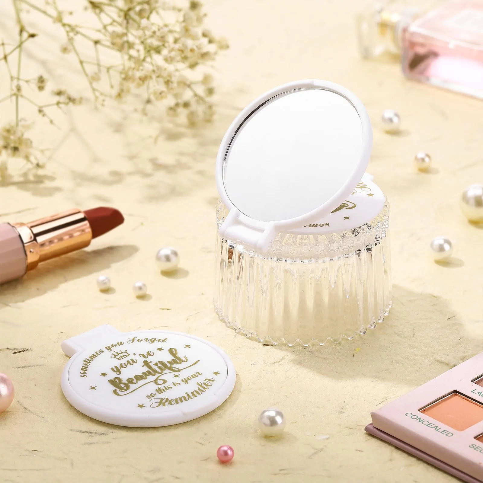 Gulfmew 18 Pcs 2.76 Inch Inspirational Compact Mirror Bulk Round Makeup Glass Mirror Personal Purse Pocket Mini Gifts for Women Galentines Coworker Teacher Graduation Friends (White)