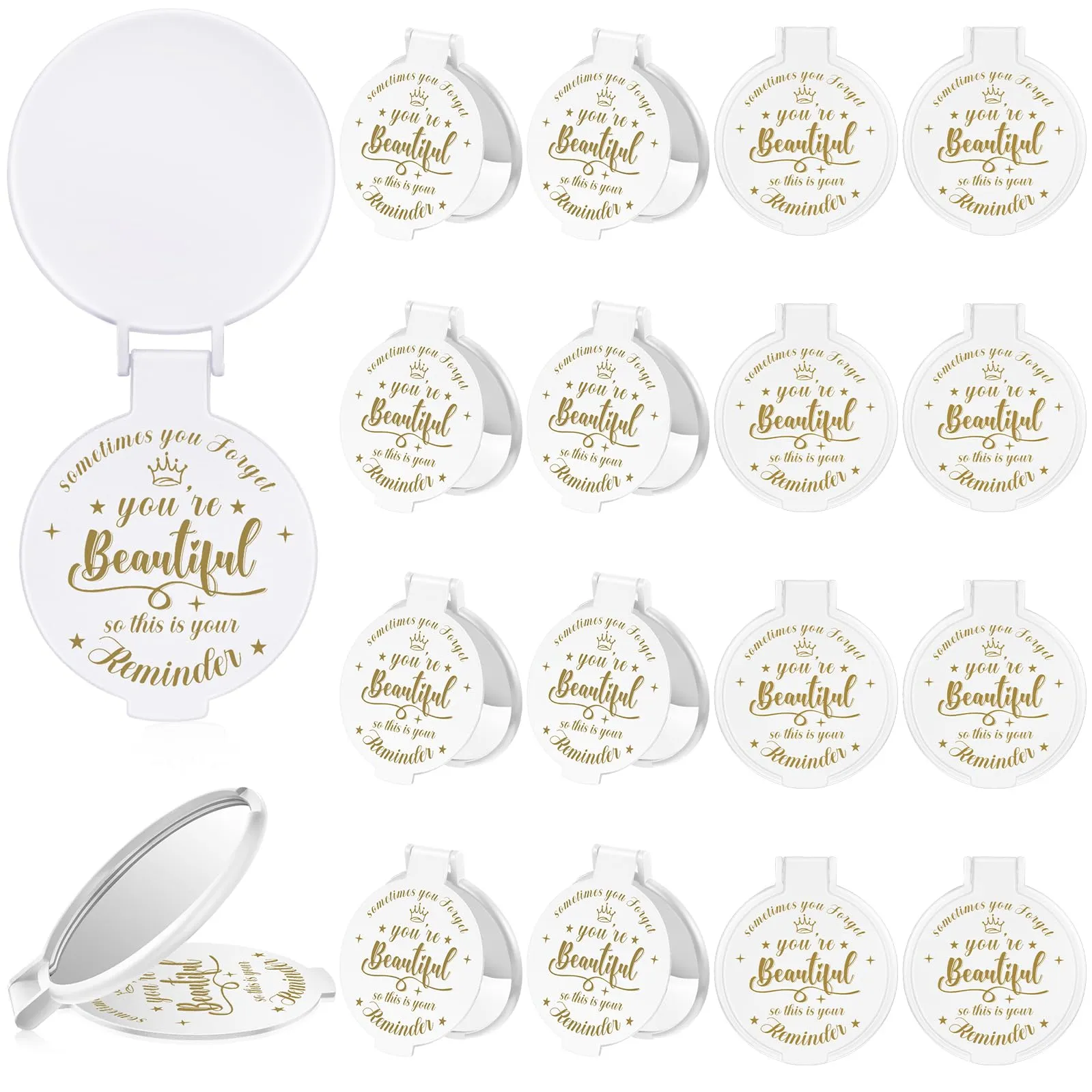 Gulfmew 18 Pcs 2.76 Inch Inspirational Compact Mirror Bulk Round Makeup Glass Mirror Personal Purse Pocket Mini Gifts for Women Galentines Coworker Teacher Graduation Friends (White)