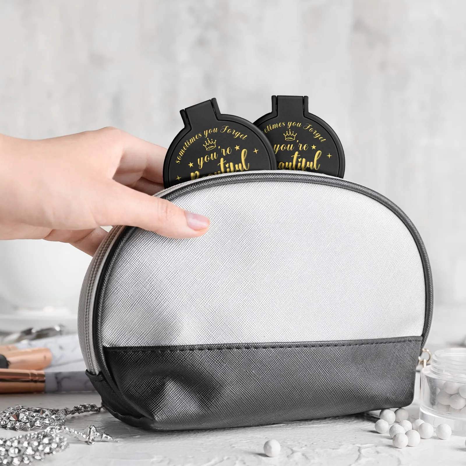 Gulfmew 36 Pcs 2.76 Inch Inspirational Compact Mirror Bulk Round Makeup Glass Mirror Personal Purse Pocket Mini Gifts for Women Galentines Coworker Teacher Graduation Friends (Black)