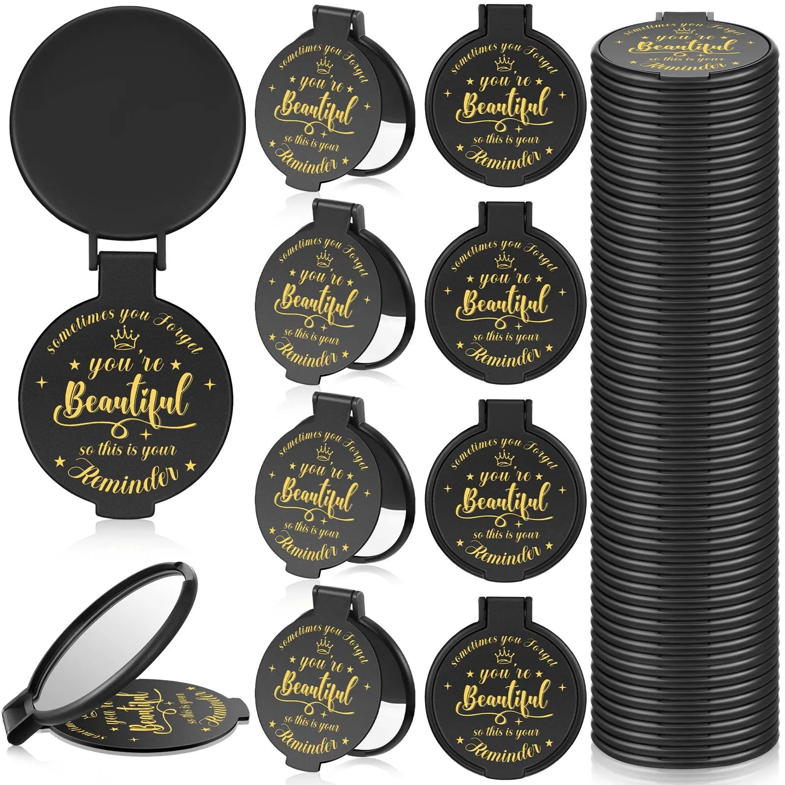 Gulfmew 36 Pcs 2.76 Inch Inspirational Compact Mirror Bulk Round Makeup Glass Mirror Personal Purse Pocket Mini Gifts for Women Galentines Coworker Teacher Graduation Friends (Black)