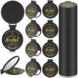 Gulfmew 36 Pcs 2.76 Inch Inspirational Compact Mirror Bulk Round Makeup Glass Mirror Personal Purse Pocket Mini Gifts for Women Galentines Coworker Teacher Graduation Friends (Black)