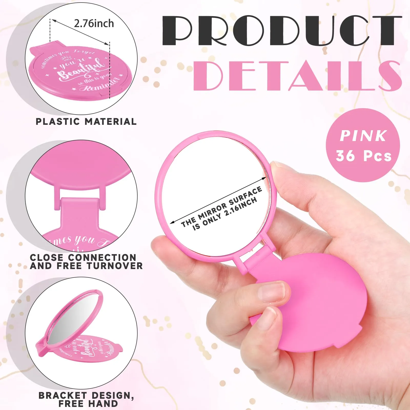 Gulfmew 36 Pcs 2.76 Inch Inspirational Compact Mirror Bulk Round Makeup Glass Mirror Personal Purse Pocket Mini Gifts for Women Galentines Coworker Teacher Graduation Friends (Pink)