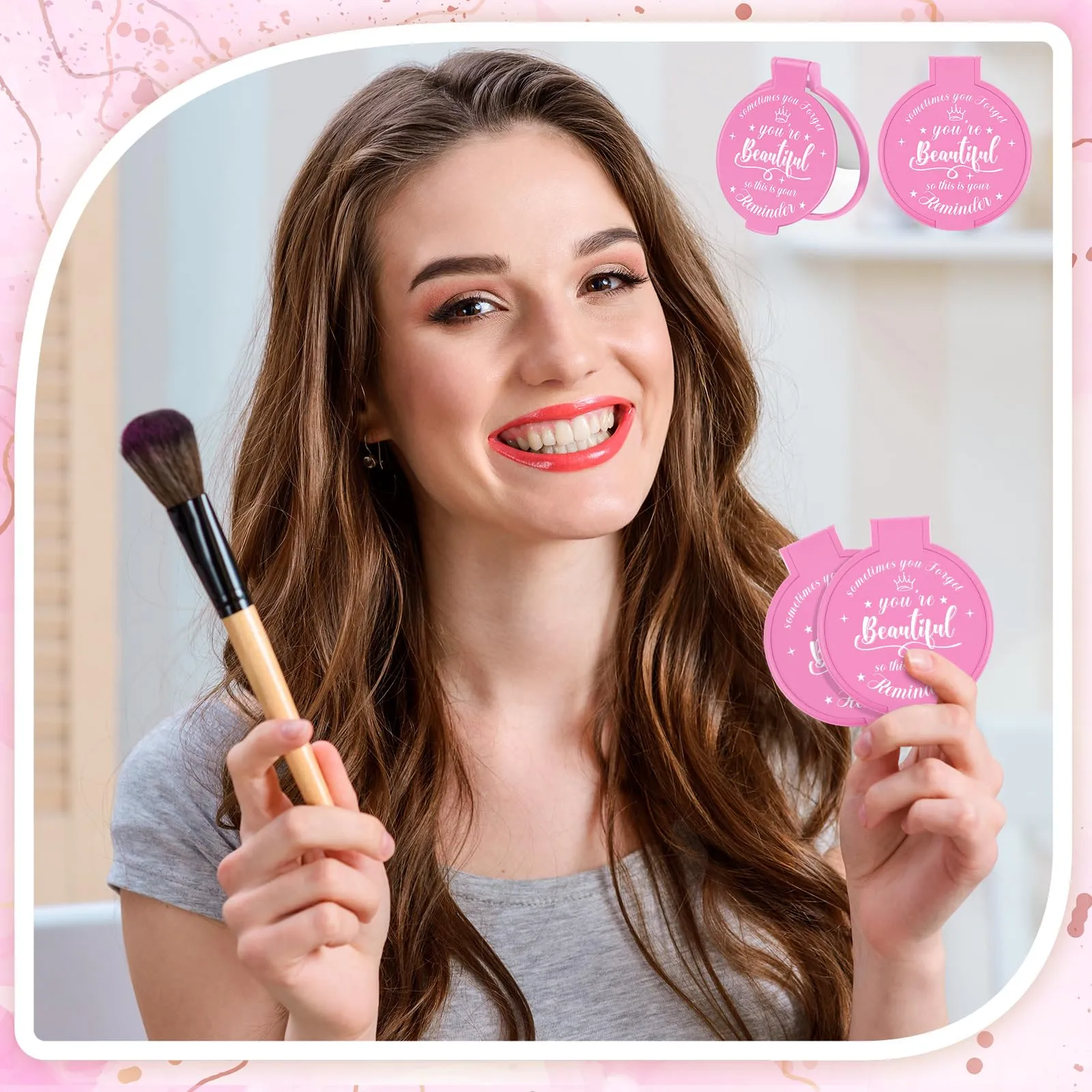 Gulfmew 36 Pcs 2.76 Inch Inspirational Compact Mirror Bulk Round Makeup Glass Mirror Personal Purse Pocket Mini Gifts for Women Galentines Coworker Teacher Graduation Friends (Pink)