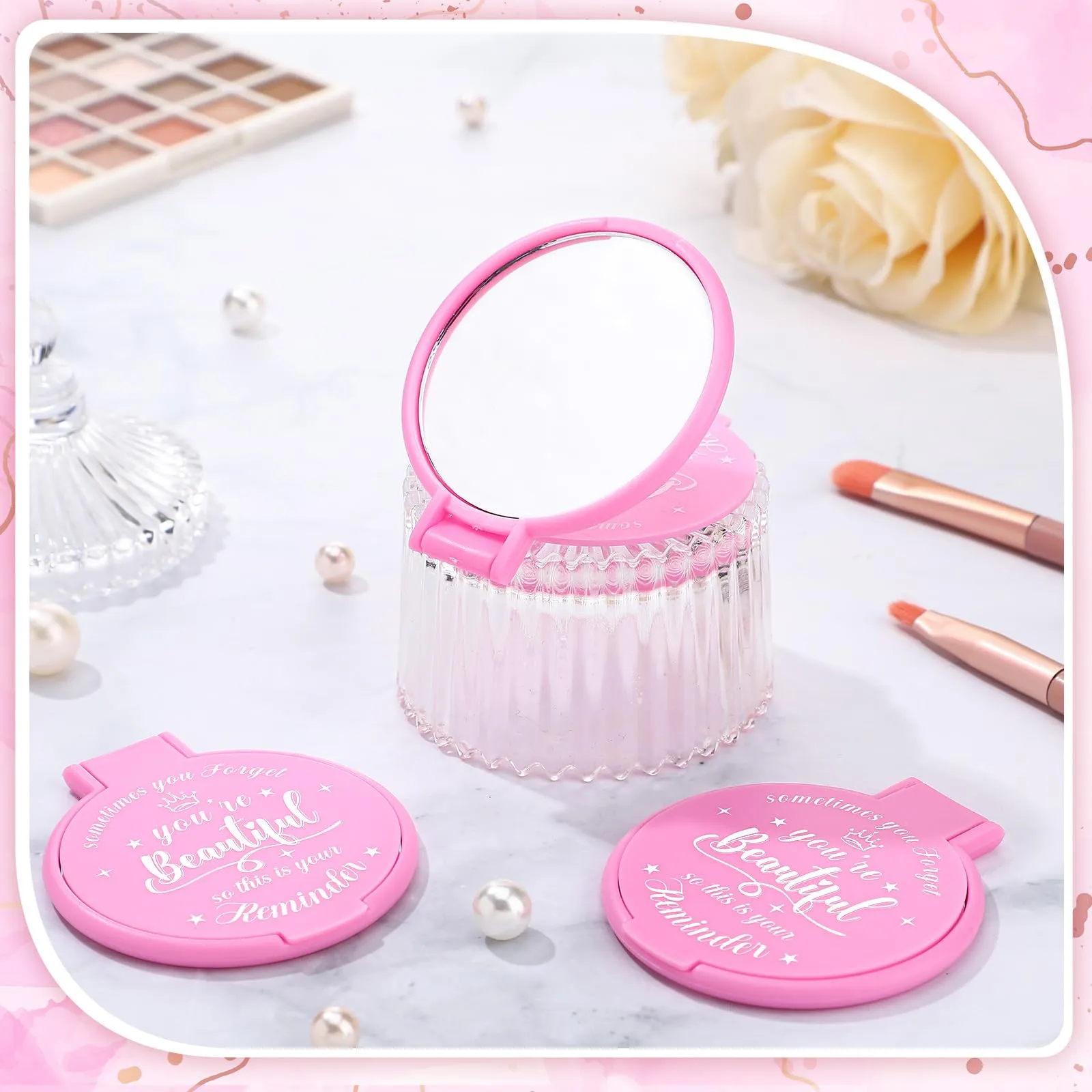 Gulfmew 36 Pcs 2.76 Inch Inspirational Compact Mirror Bulk Round Makeup Glass Mirror Personal Purse Pocket Mini Gifts for Women Galentines Coworker Teacher Graduation Friends (Pink)