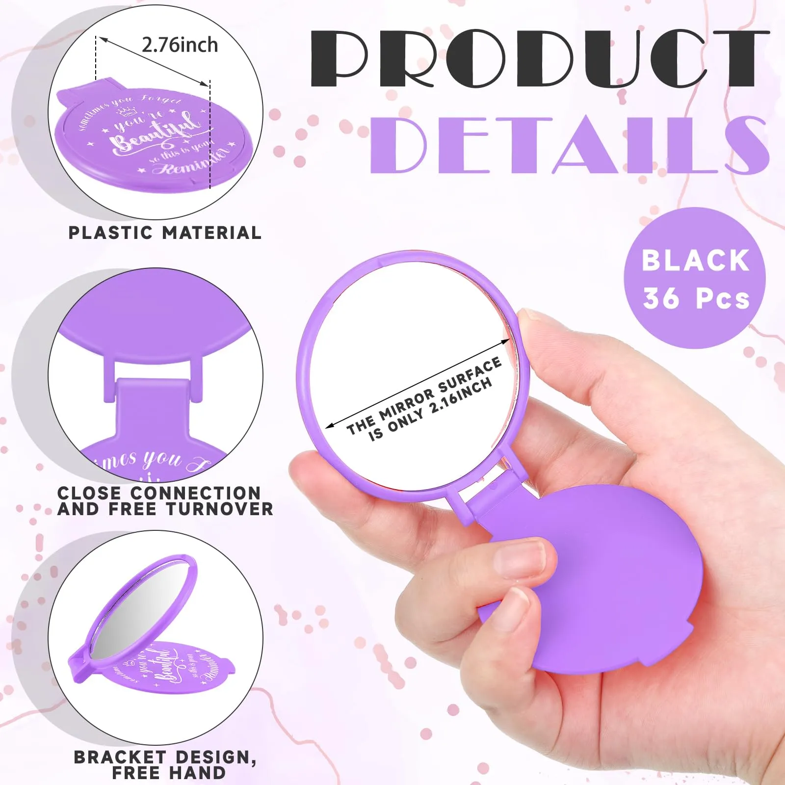 Gulfmew 36 Pcs 2.76 Inch Inspirational Compact Mirror Bulk Round Makeup Glass Mirror Personal Purse Pocket Mini Gifts for Women Galentines Coworker Teacher Graduation Friends (Purple)