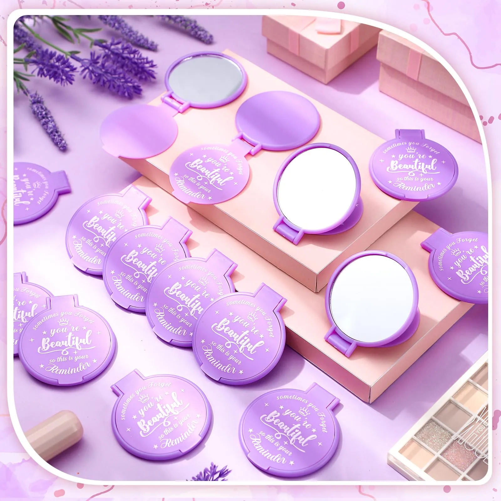Gulfmew 36 Pcs 2.76 Inch Inspirational Compact Mirror Bulk Round Makeup Glass Mirror Personal Purse Pocket Mini Gifts for Women Galentines Coworker Teacher Graduation Friends (Purple)