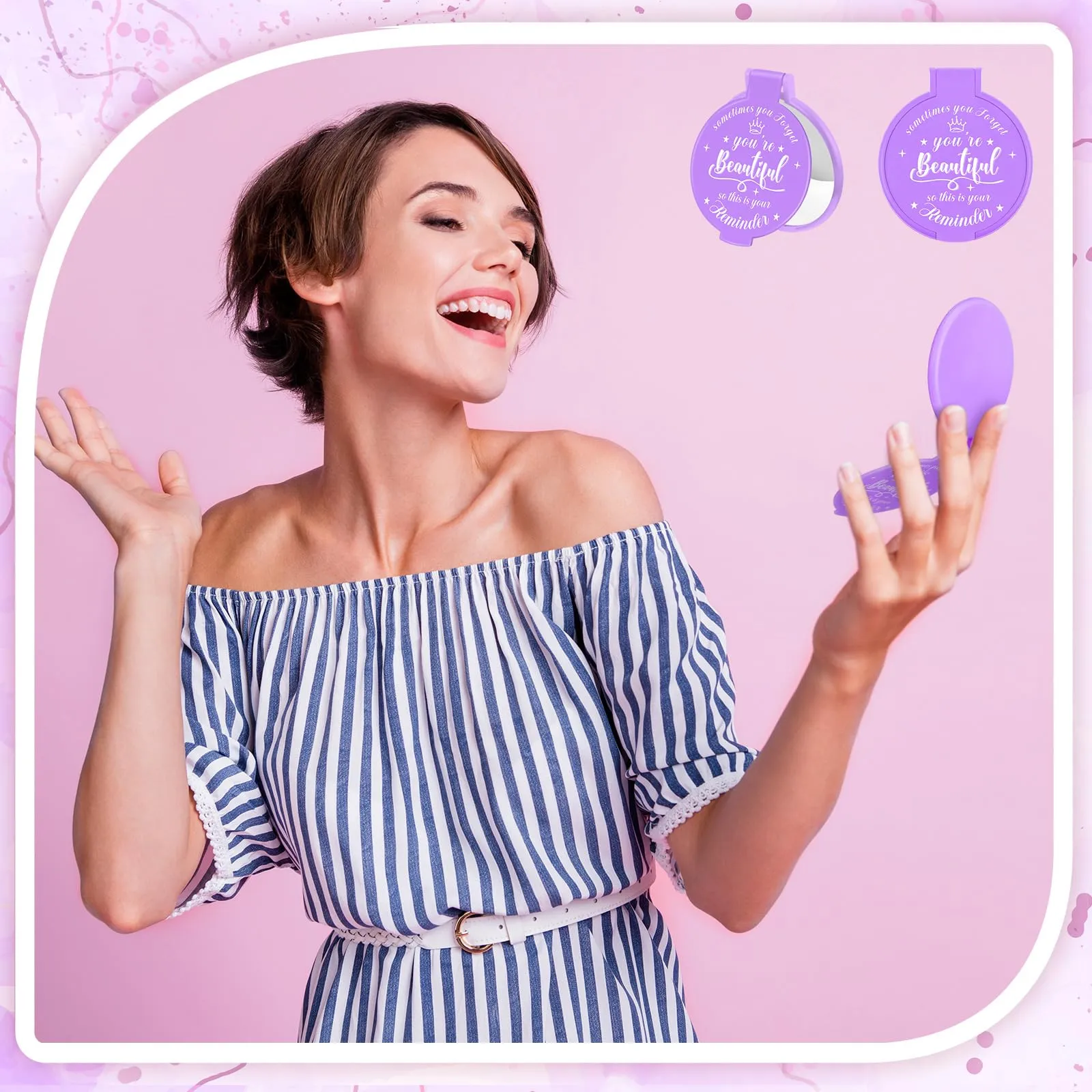 Gulfmew 36 Pcs 2.76 Inch Inspirational Compact Mirror Bulk Round Makeup Glass Mirror Personal Purse Pocket Mini Gifts for Women Galentines Coworker Teacher Graduation Friends (Purple)
