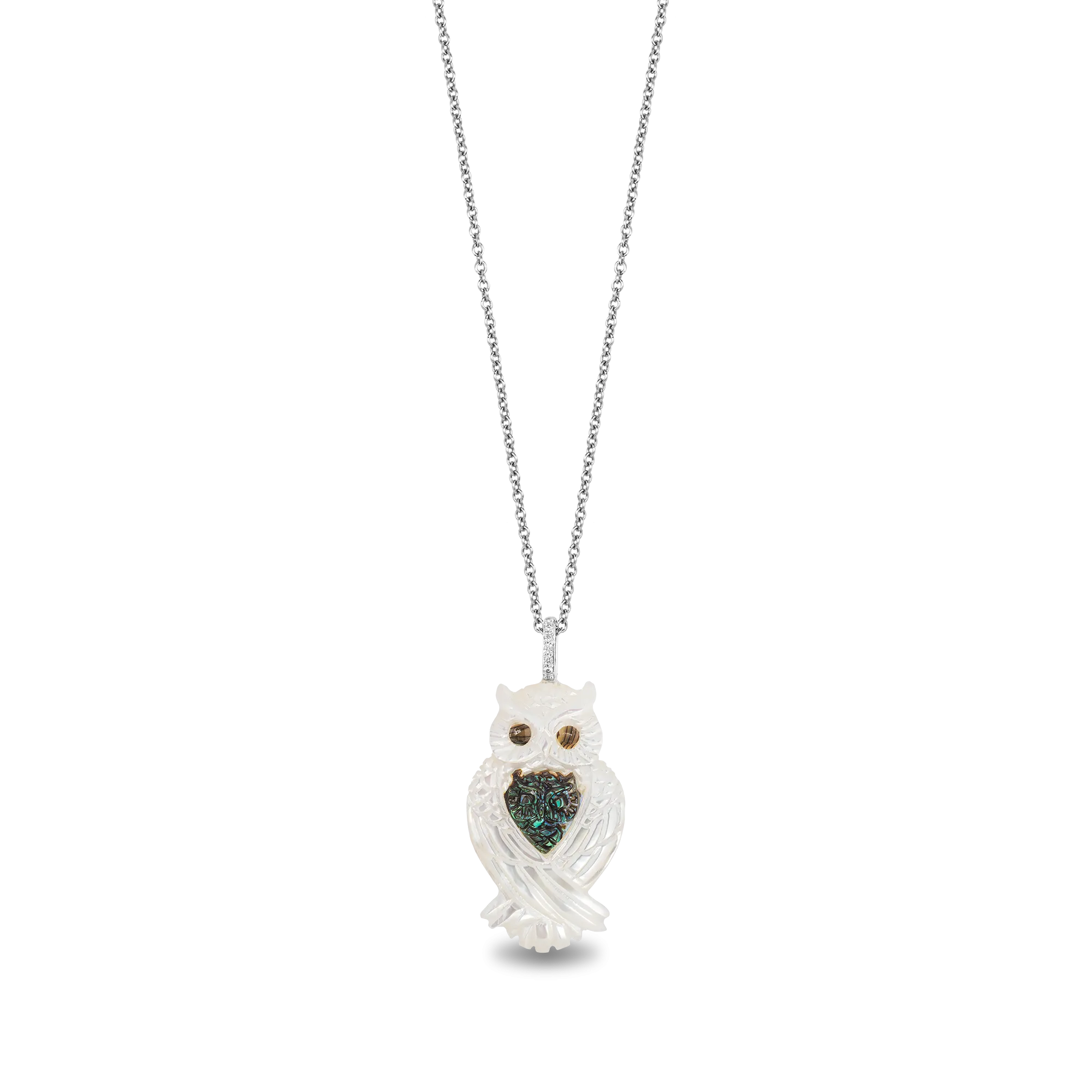 Hallmark Fine Jewelry Wise Mother Owl Pendant in Carved Mother of Pearl and Sterling Silver with Diamonds