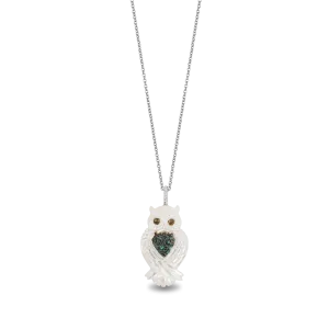 Hallmark Fine Jewelry Wise Mother Owl Pendant in Carved Mother of Pearl and Sterling Silver with Diamonds
