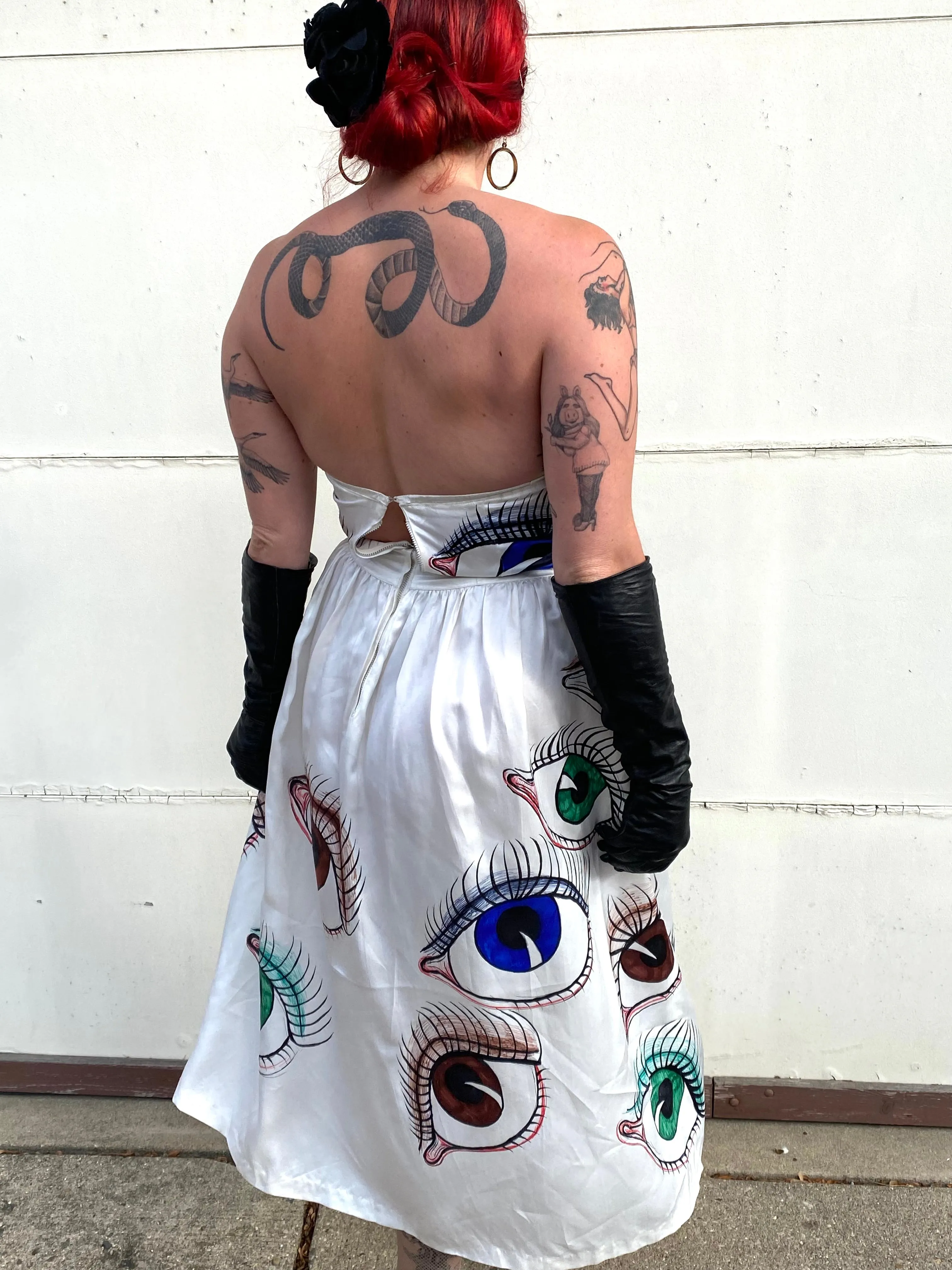 Hand Drawn Eyeball 1940s Satin Gown