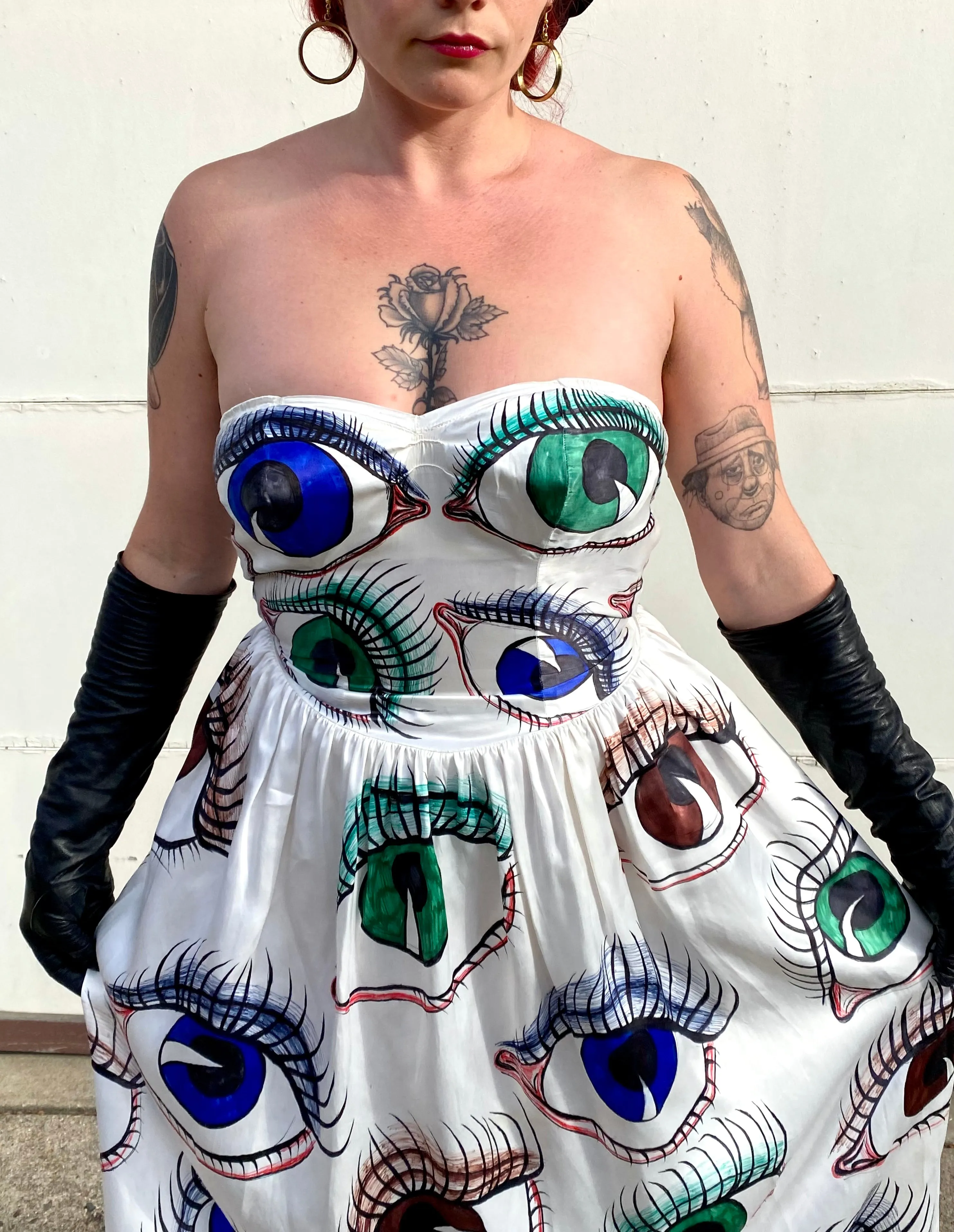 Hand Drawn Eyeball 1940s Satin Gown