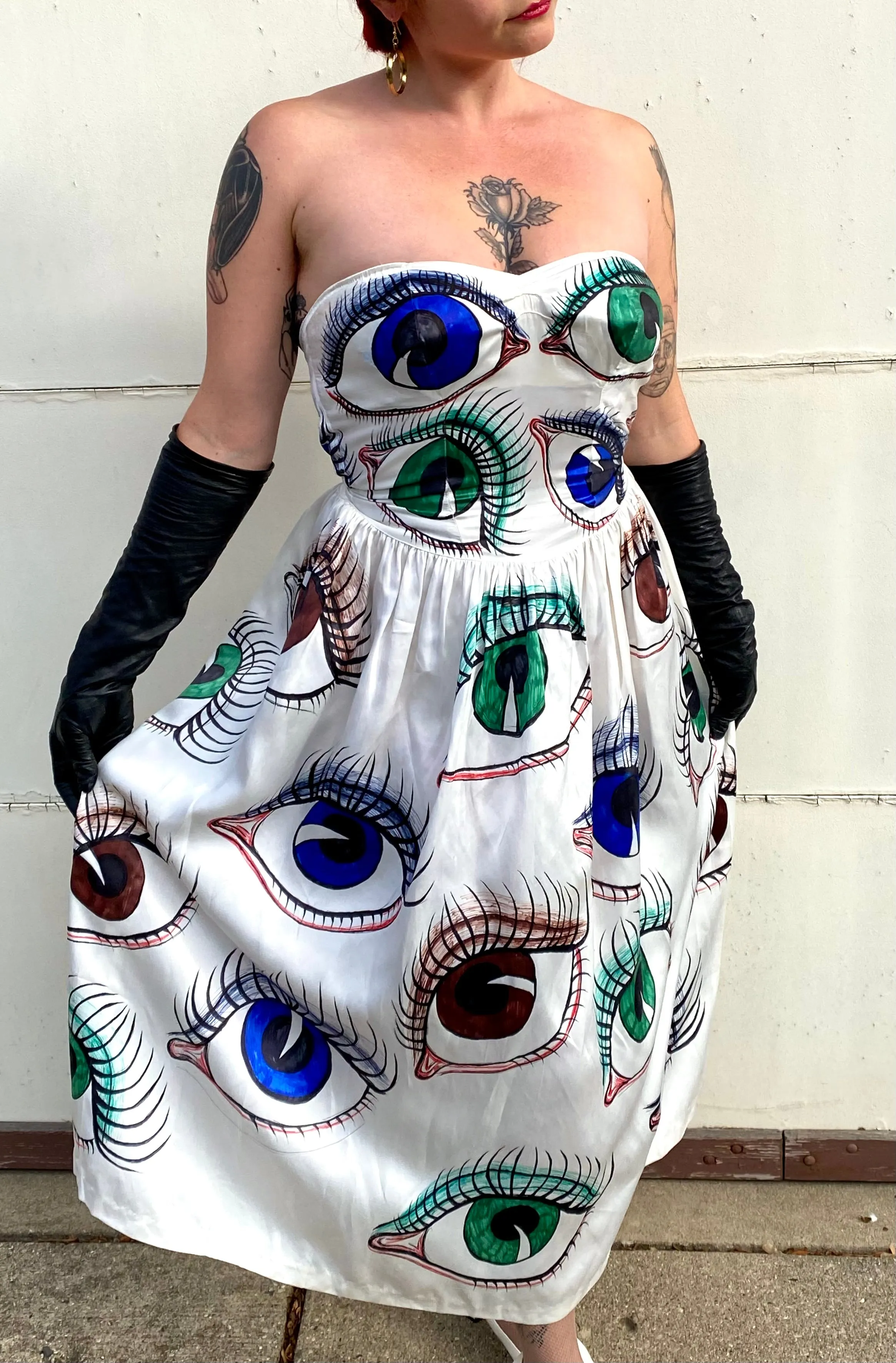 Hand Drawn Eyeball 1940s Satin Gown