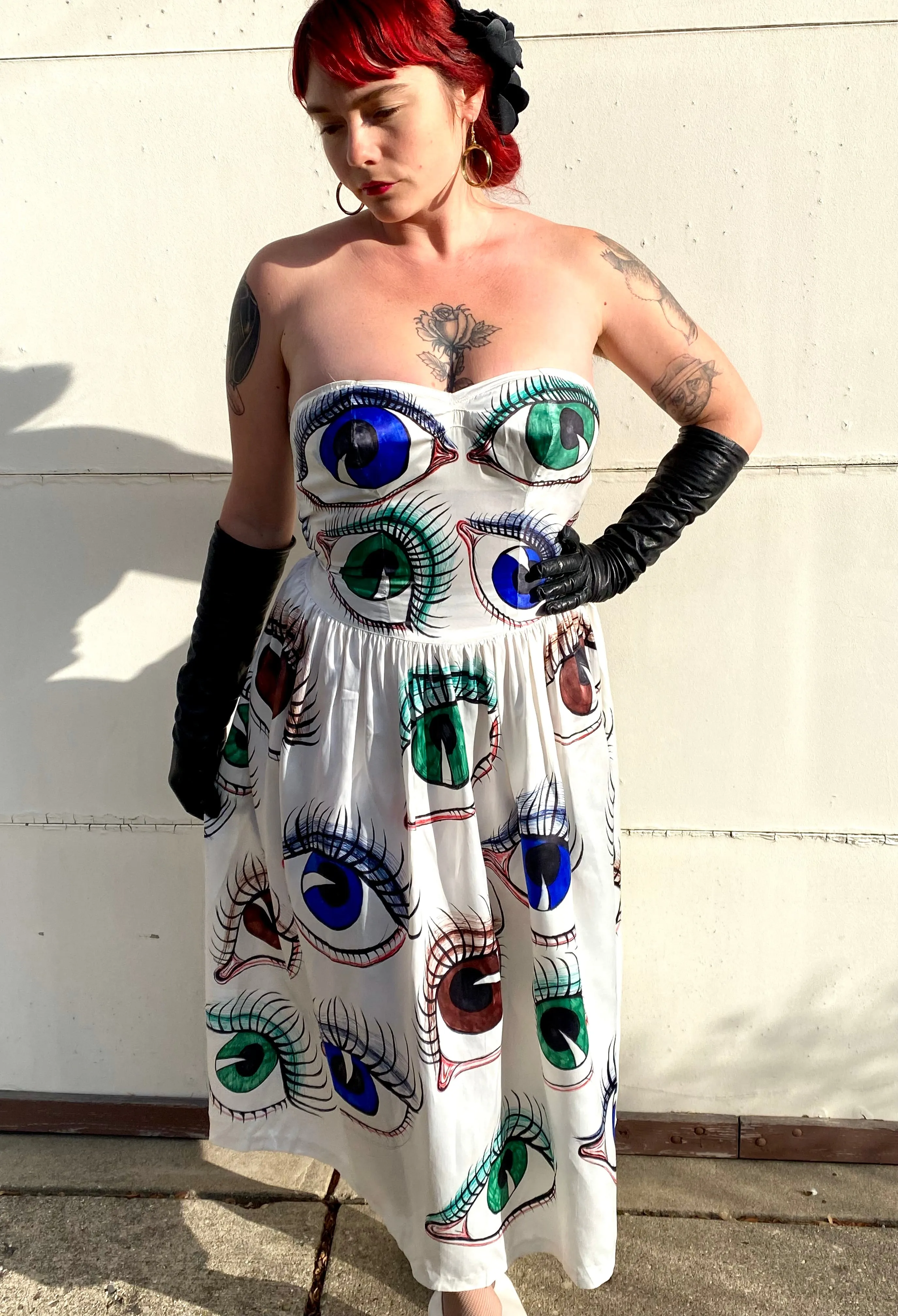 Hand Drawn Eyeball 1940s Satin Gown