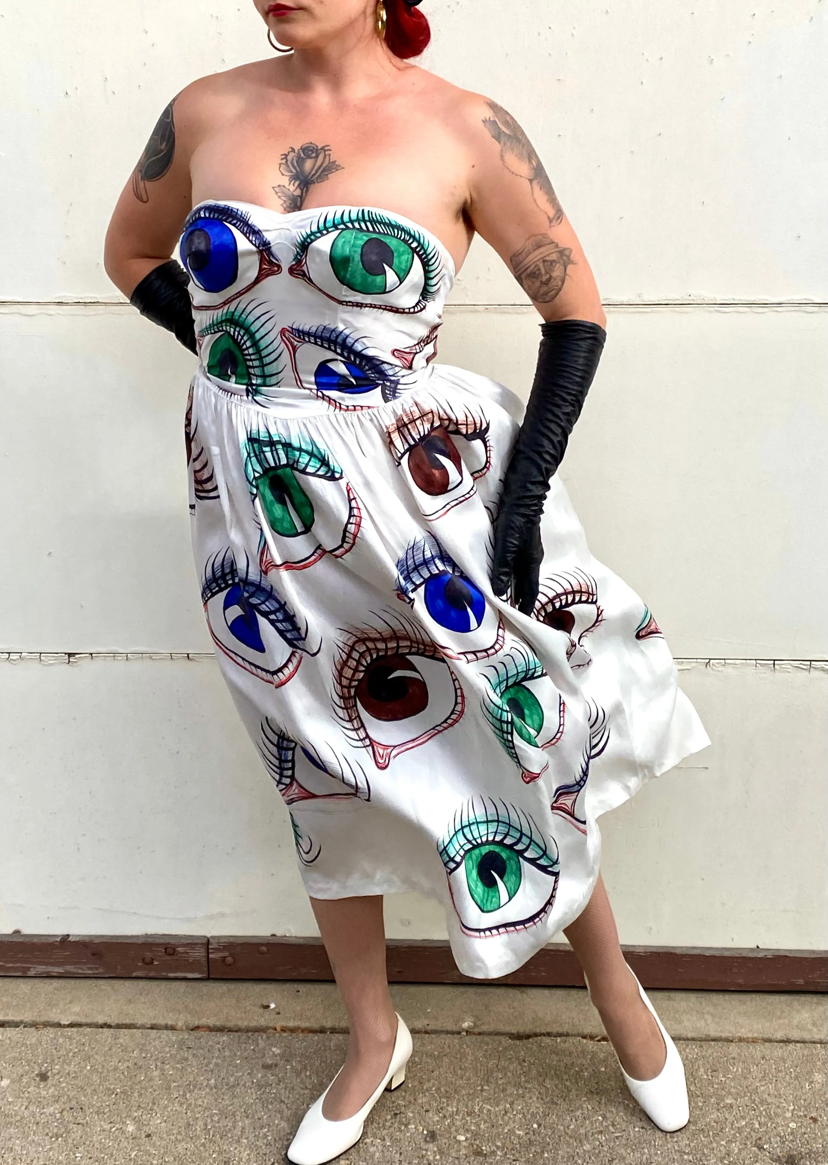 Hand Drawn Eyeball 1940s Satin Gown