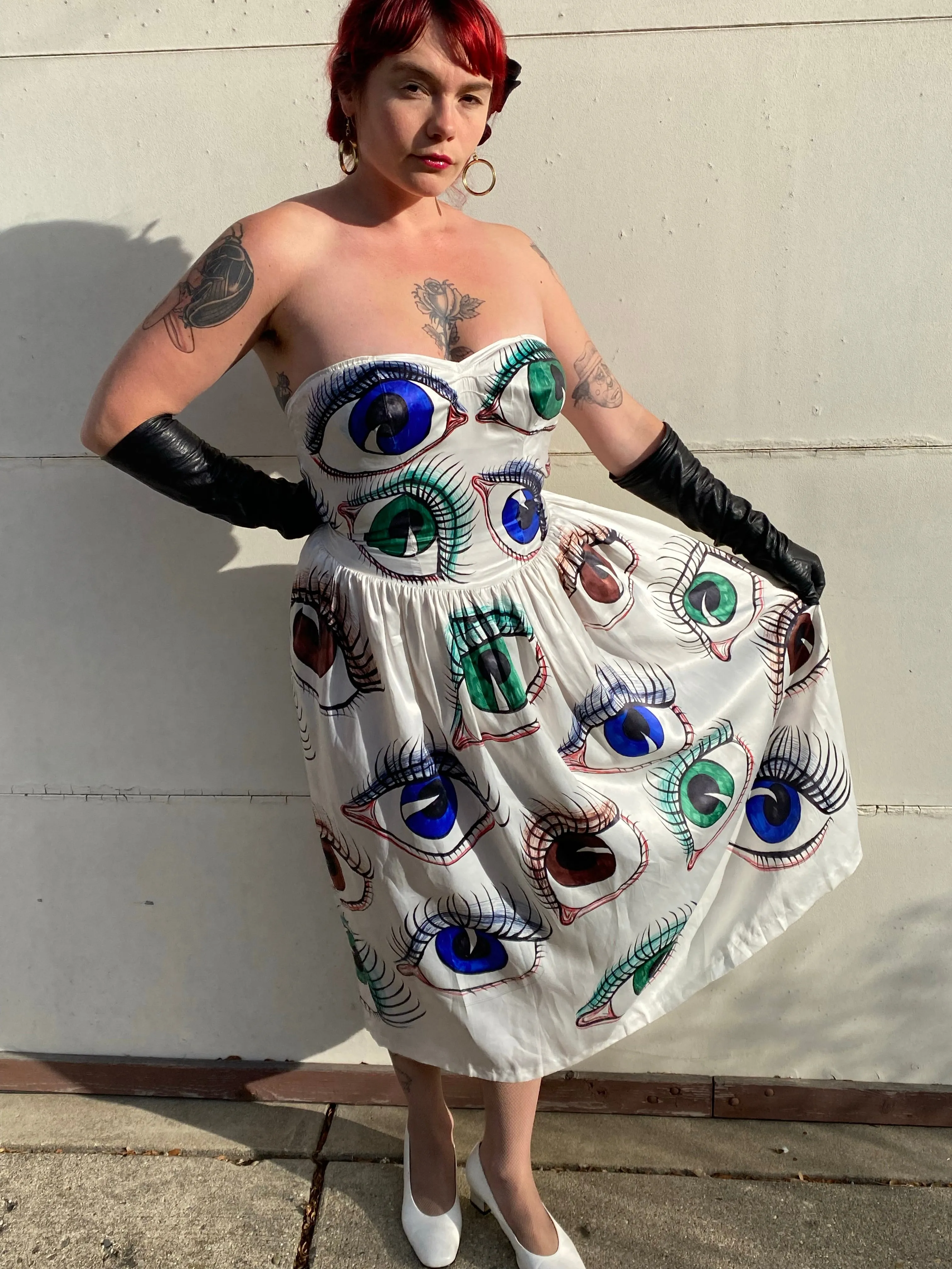 Hand Drawn Eyeball 1940s Satin Gown