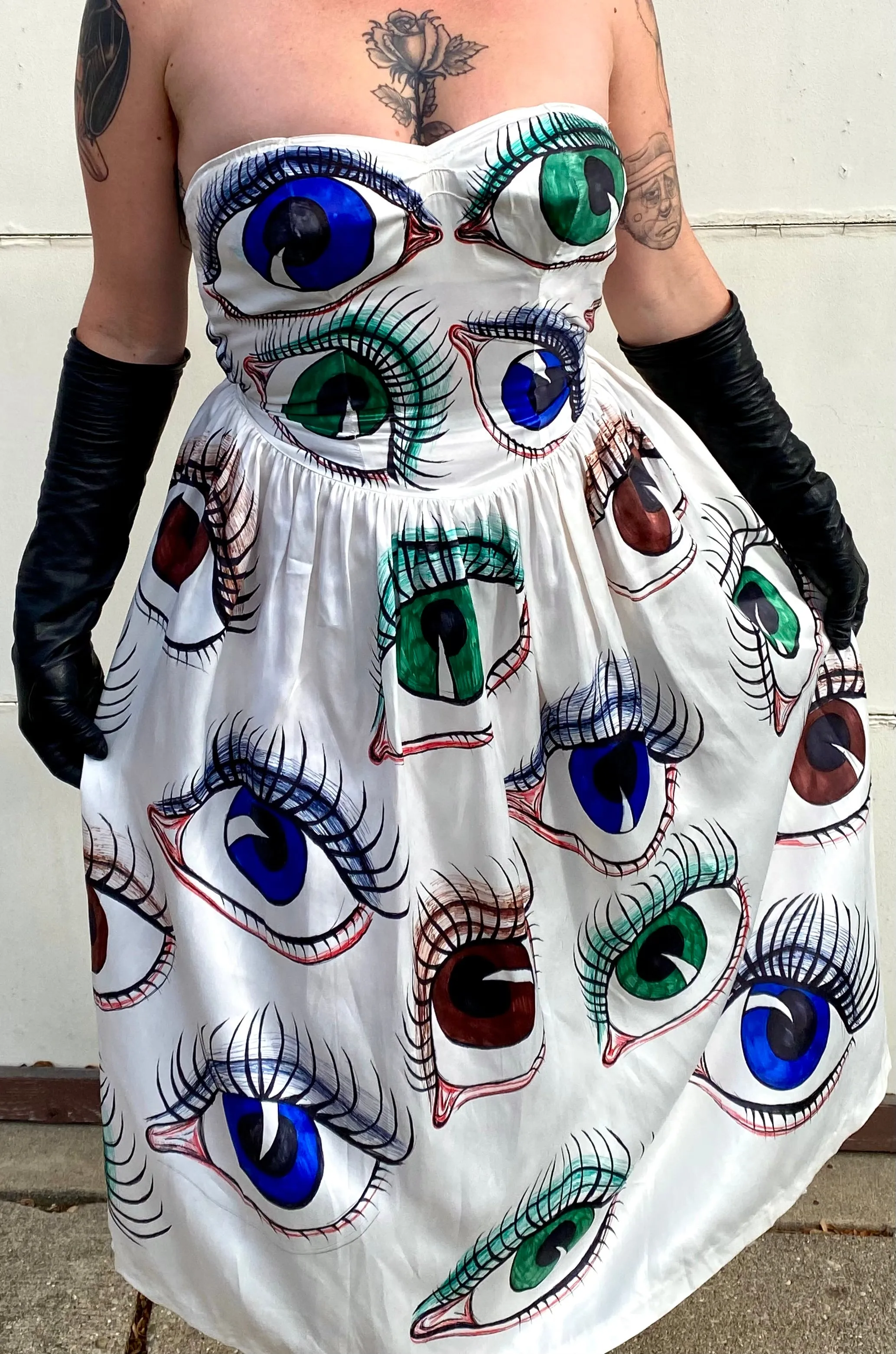 Hand Drawn Eyeball 1940s Satin Gown