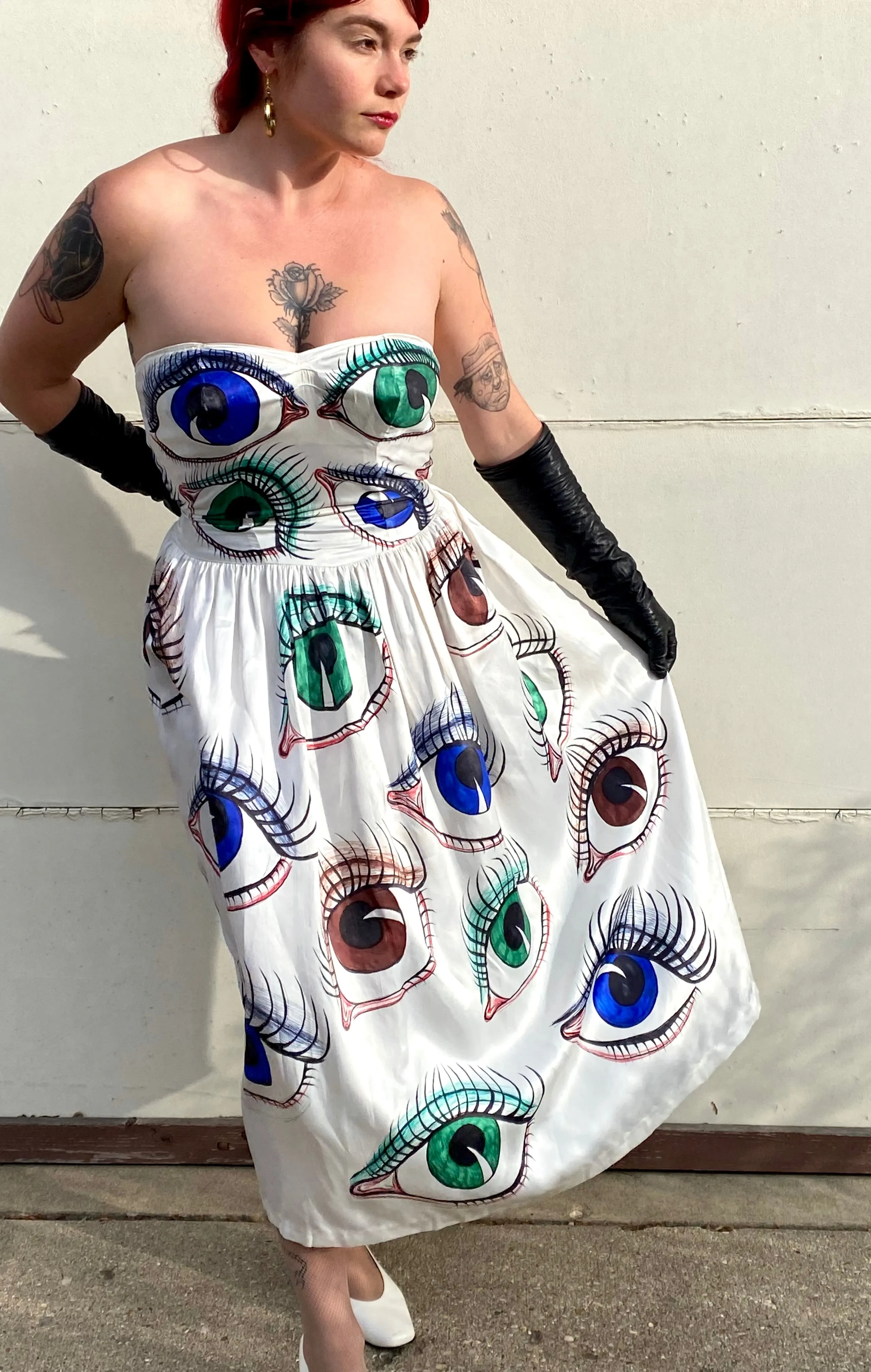 Hand Drawn Eyeball 1940s Satin Gown
