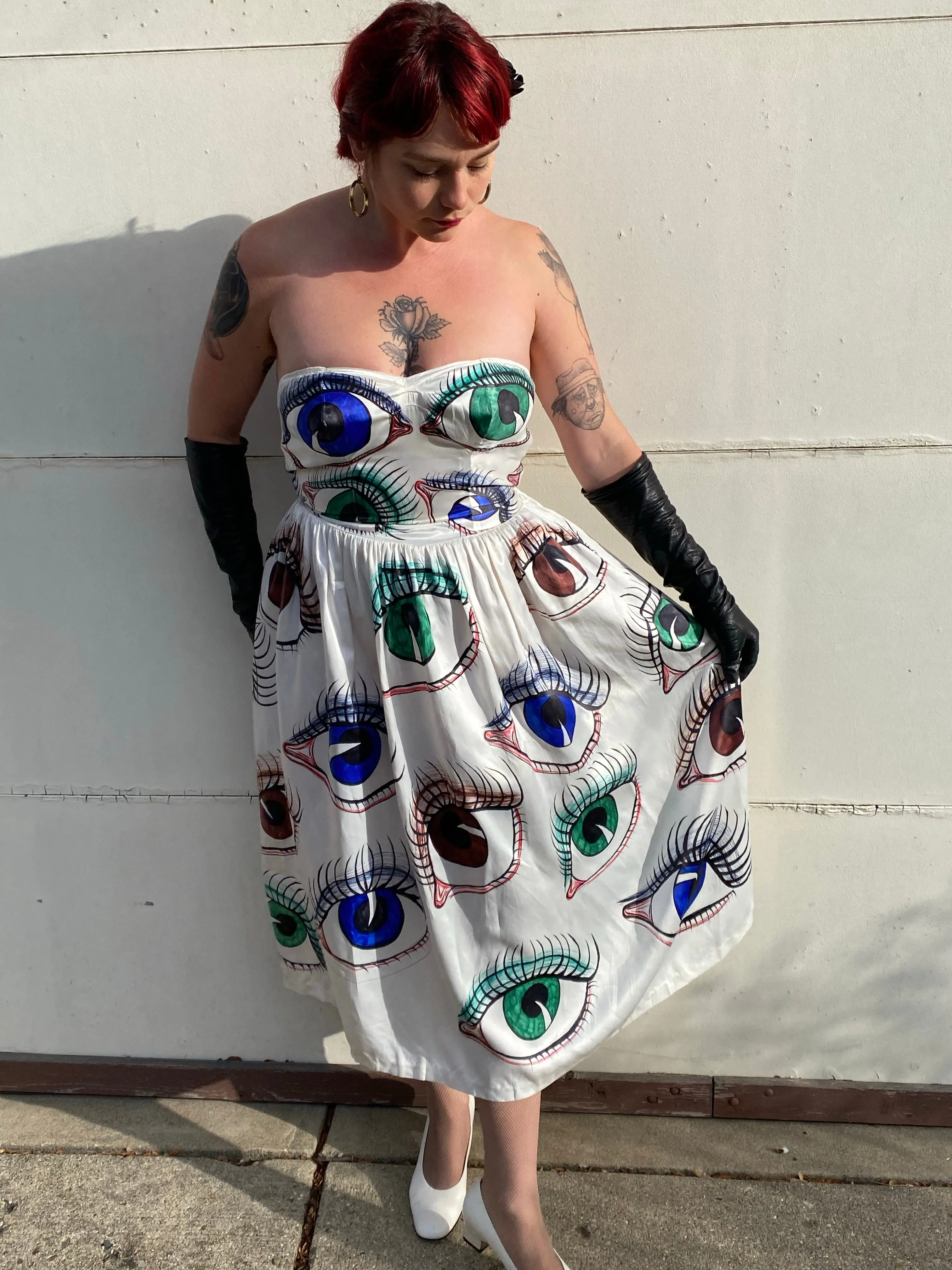 Hand Drawn Eyeball 1940s Satin Gown