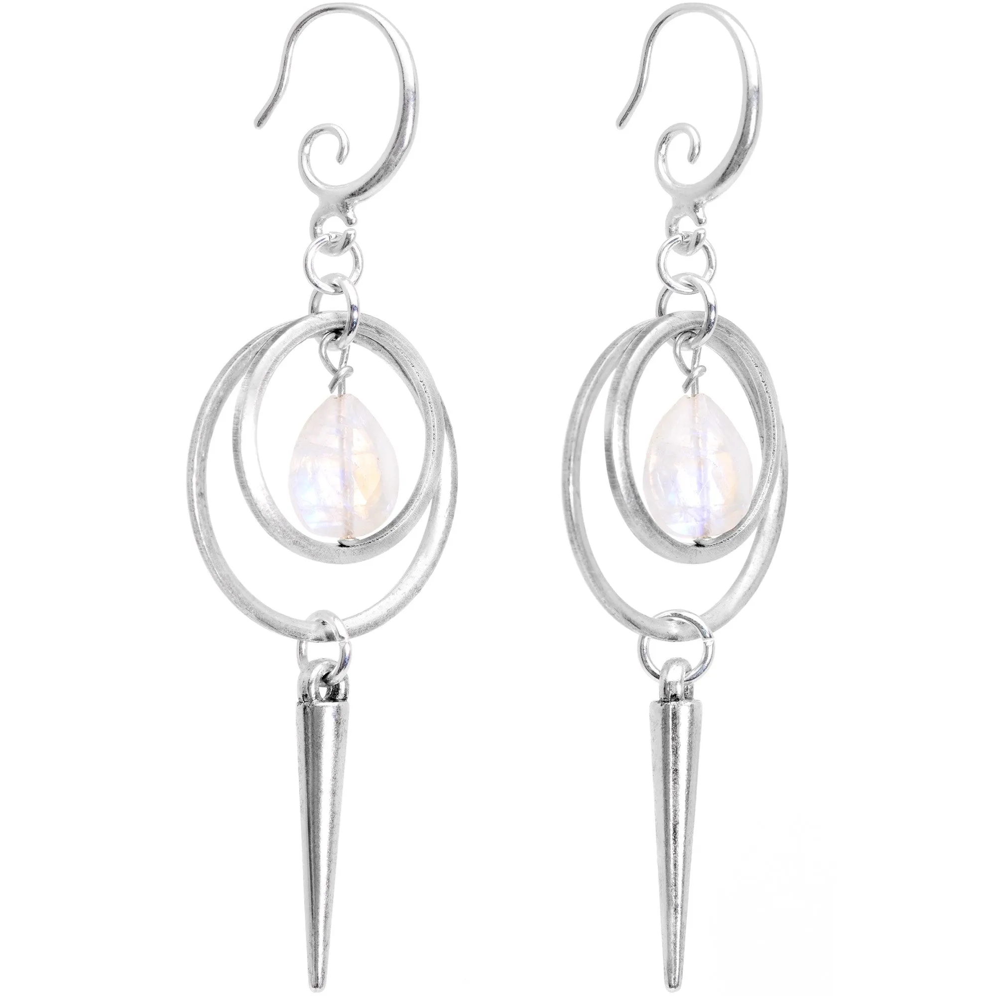 Handcrafted Moonstone Circle Spike Dangle Fishhook Earrings
