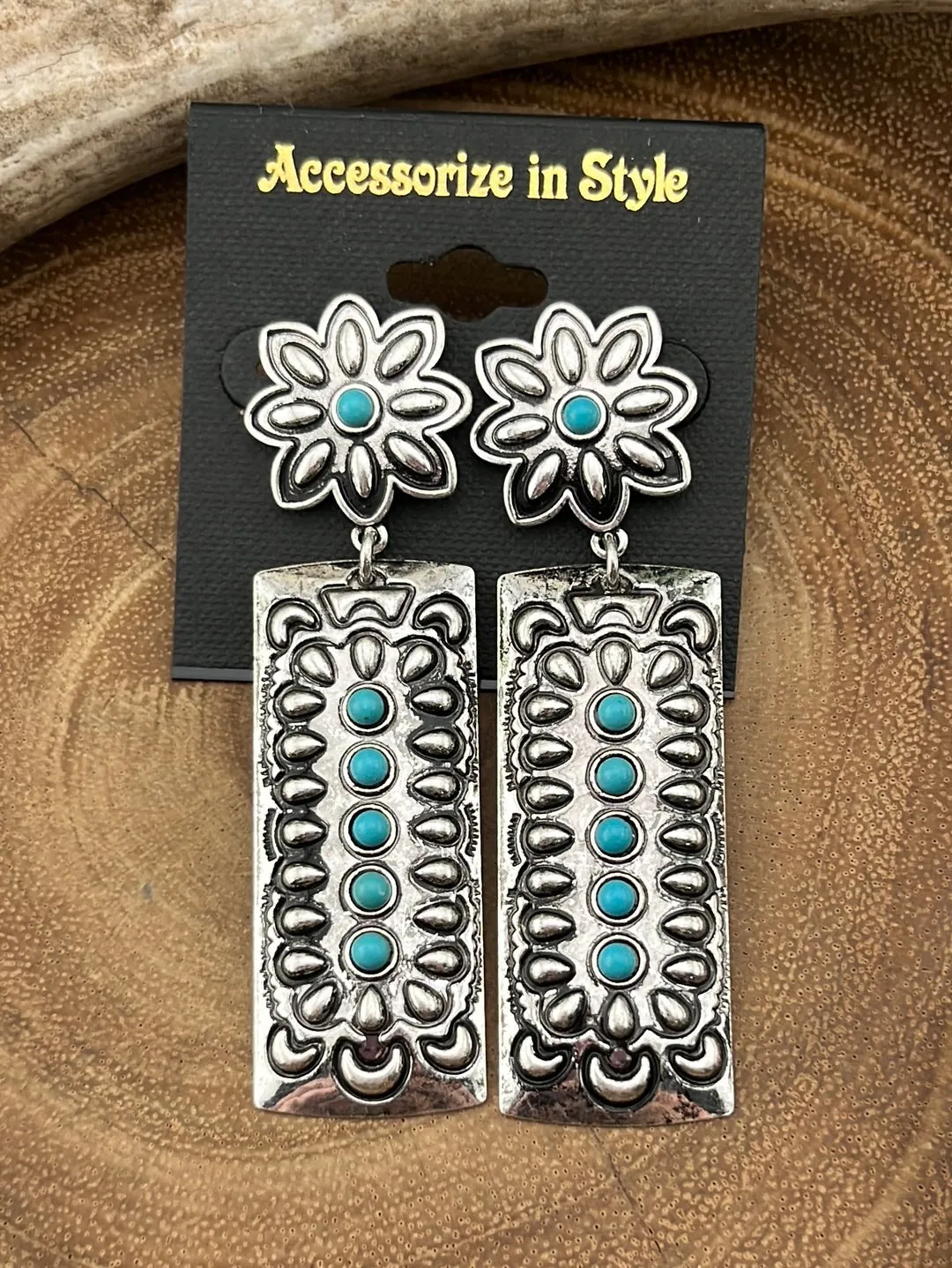 Hedera Fashion Concho Post Rectangle Drop Earrings With Stone Accents