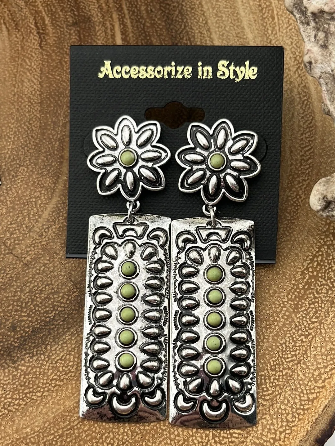 Hedera Fashion Concho Post Rectangle Drop Earrings With Stone Accents